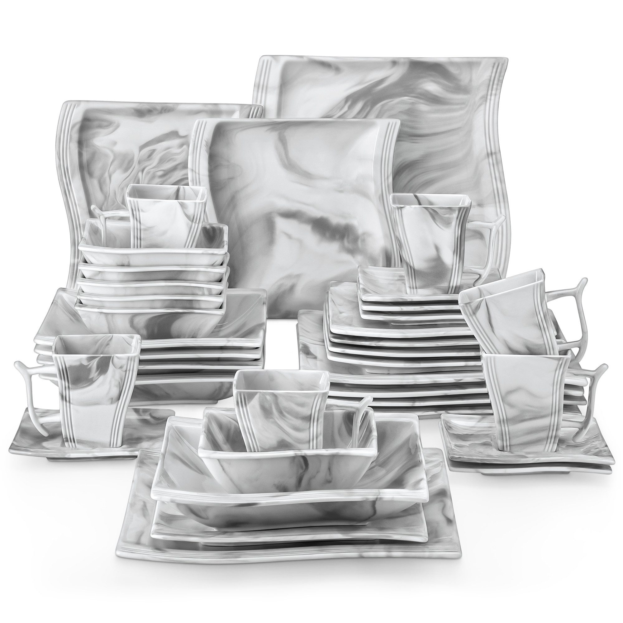 MALACASA Geschirr-Set Tafelservice FLORA für 6/4 Personen Marmor Geschirrset (36-tlg), 6 Personen, Porzellan