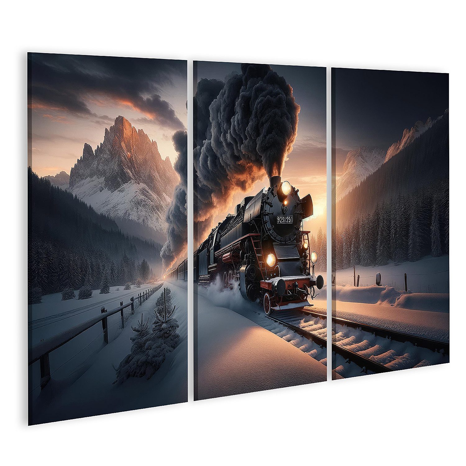 Leinwandbild Schneegestöber und Dampfgeflüster Eisenbahn Romantik pur