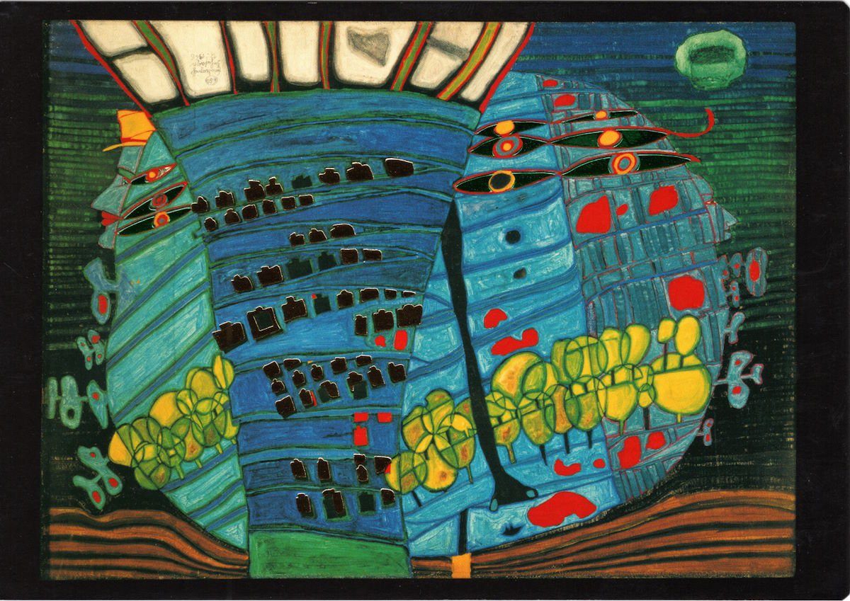 Postkarte Kunstkarte Hundertwasser "Der blaue Mond - Atlantis"