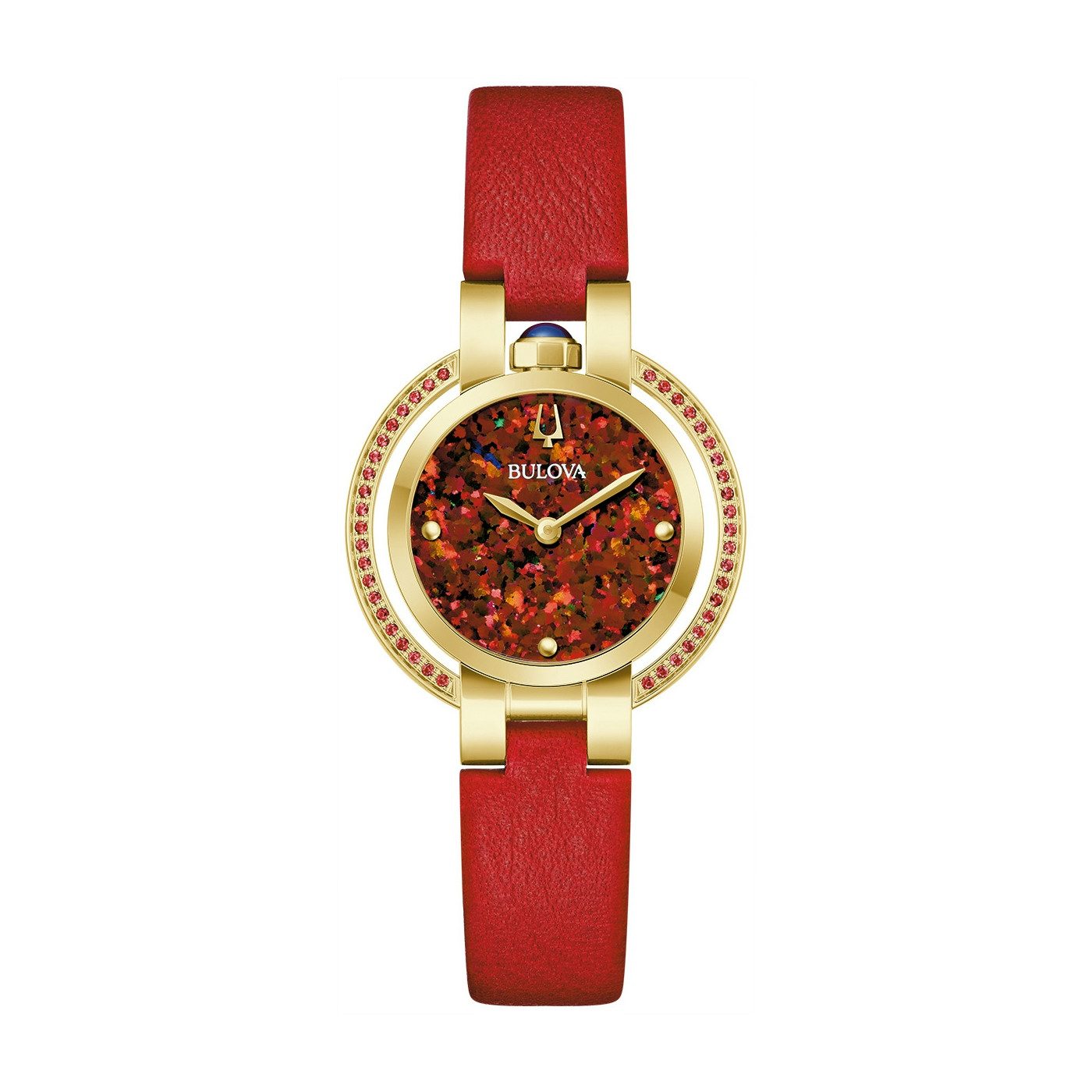 Bulova Quarzuhr Rubaiyat 97R105, Armbanduhr, Damenuhr, Lederarmband, analog, Feueropal, Rubin