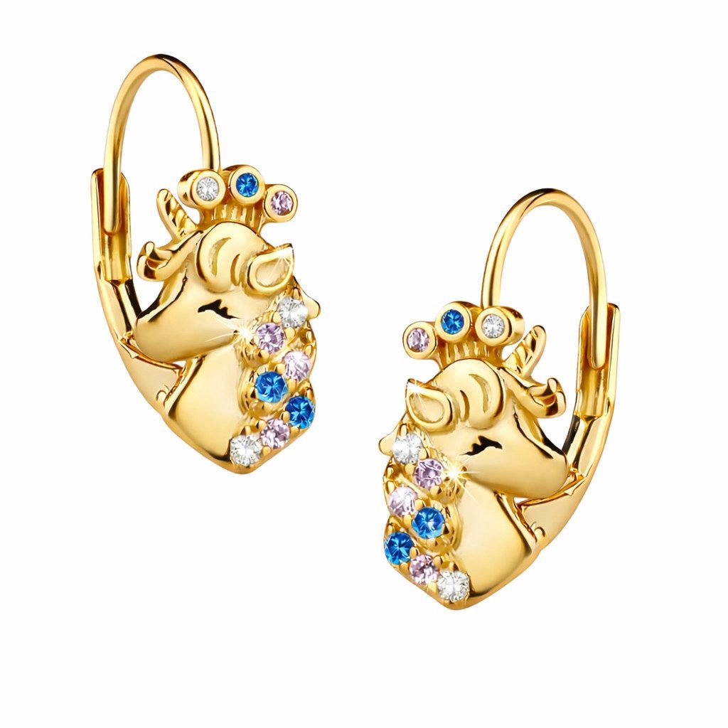 schmuck23 Paar Ohrhänger Kinder Ohrringe Einhorn 925 Silber vergoldet Mädchen (Geschenkset aus 1 Paar Ohrringen), Zirkonia Kinderschmuck Echtschmuck Geschenk