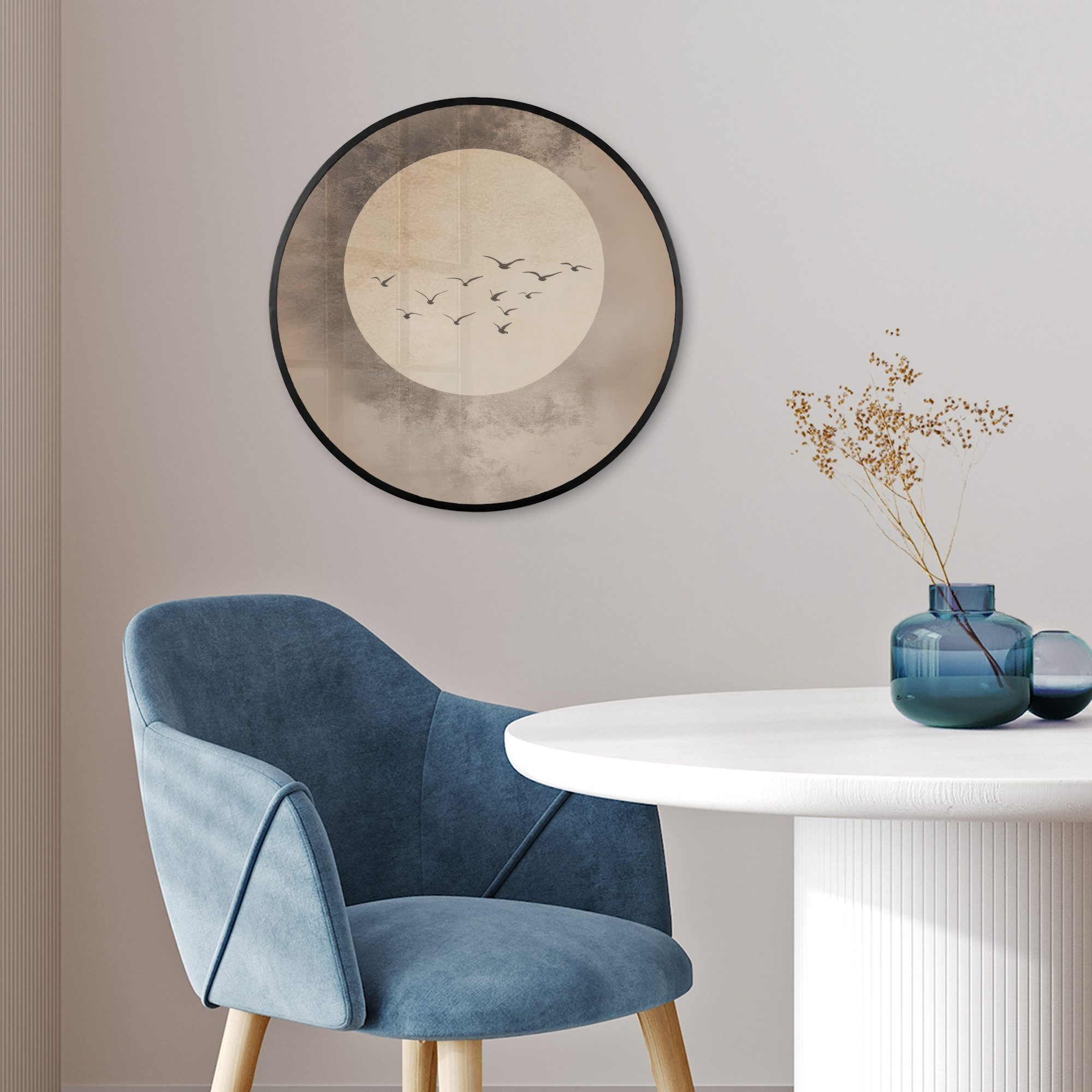 MuchoWow Poster Rund - Vogel - Beige - Japanisch, (1 St), Runde Wandbilder, Deko für Wohnzimmer und Schlafzimmer, 40x40 cm