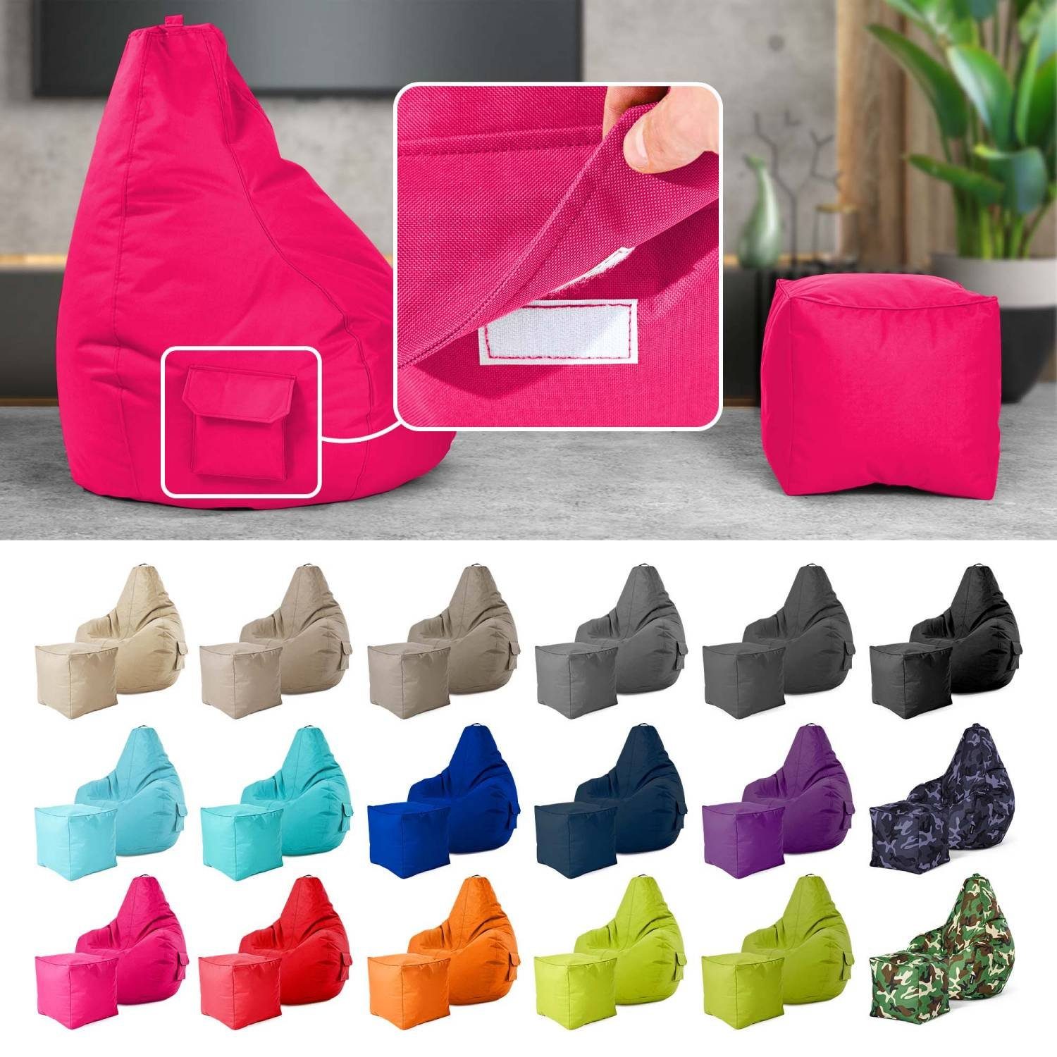 Green Bean Sitzsack Gaming Sitzsack + Hocker Cozy+Cube (2er Set Sitzsack + Hocker - fertig befüllt - robust waschbar schmutzabweisend -, Kinder & Erwachsene Bean Bag Bodenkissen), Lounge Sitzhocker Relax-Sessel Gamer Gamingstuhl Pouf