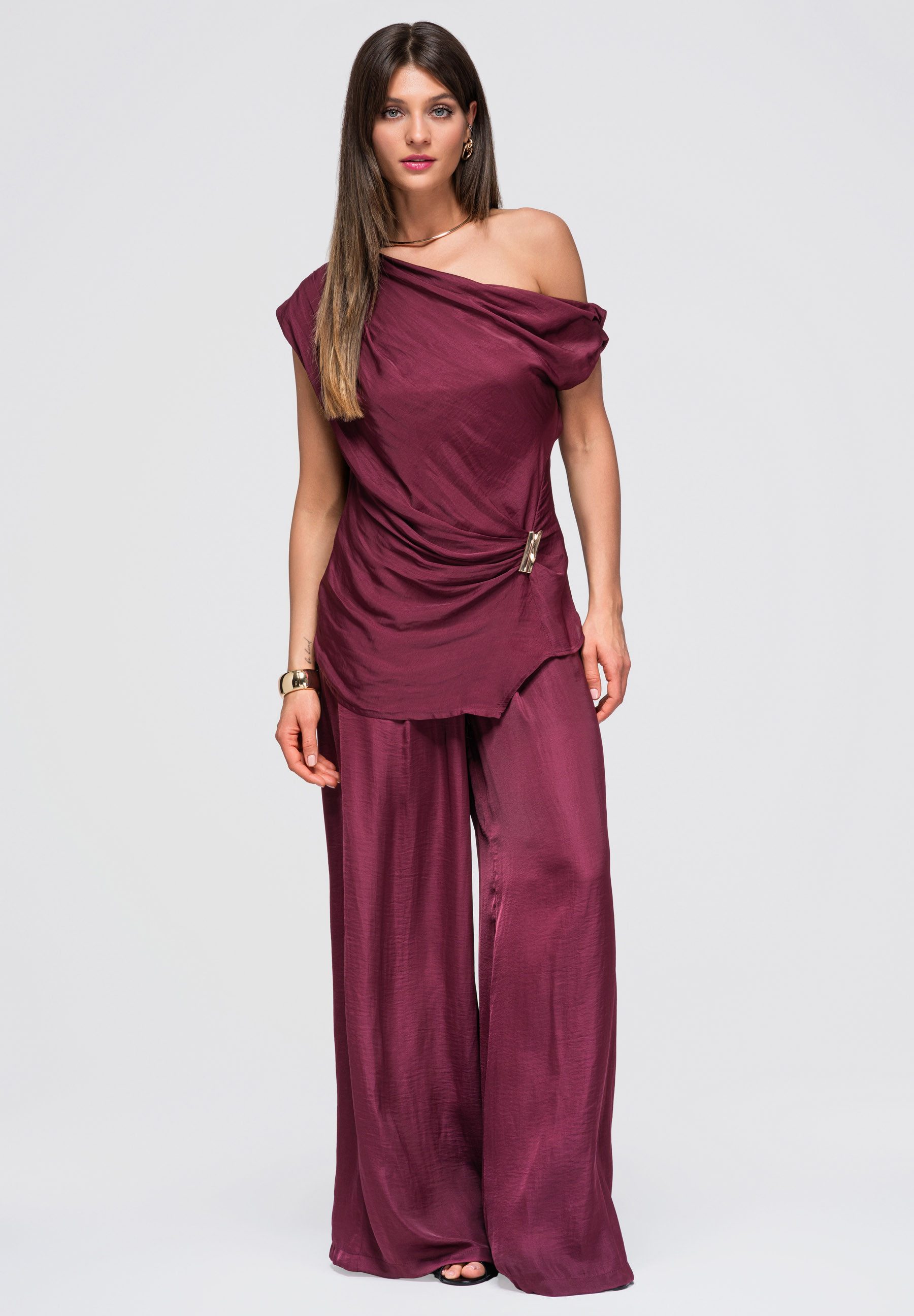 OMBRE Palazzohose Damen Palazzohose mit weitem Bein elegant Violett M (kein Set, 1-tlg)