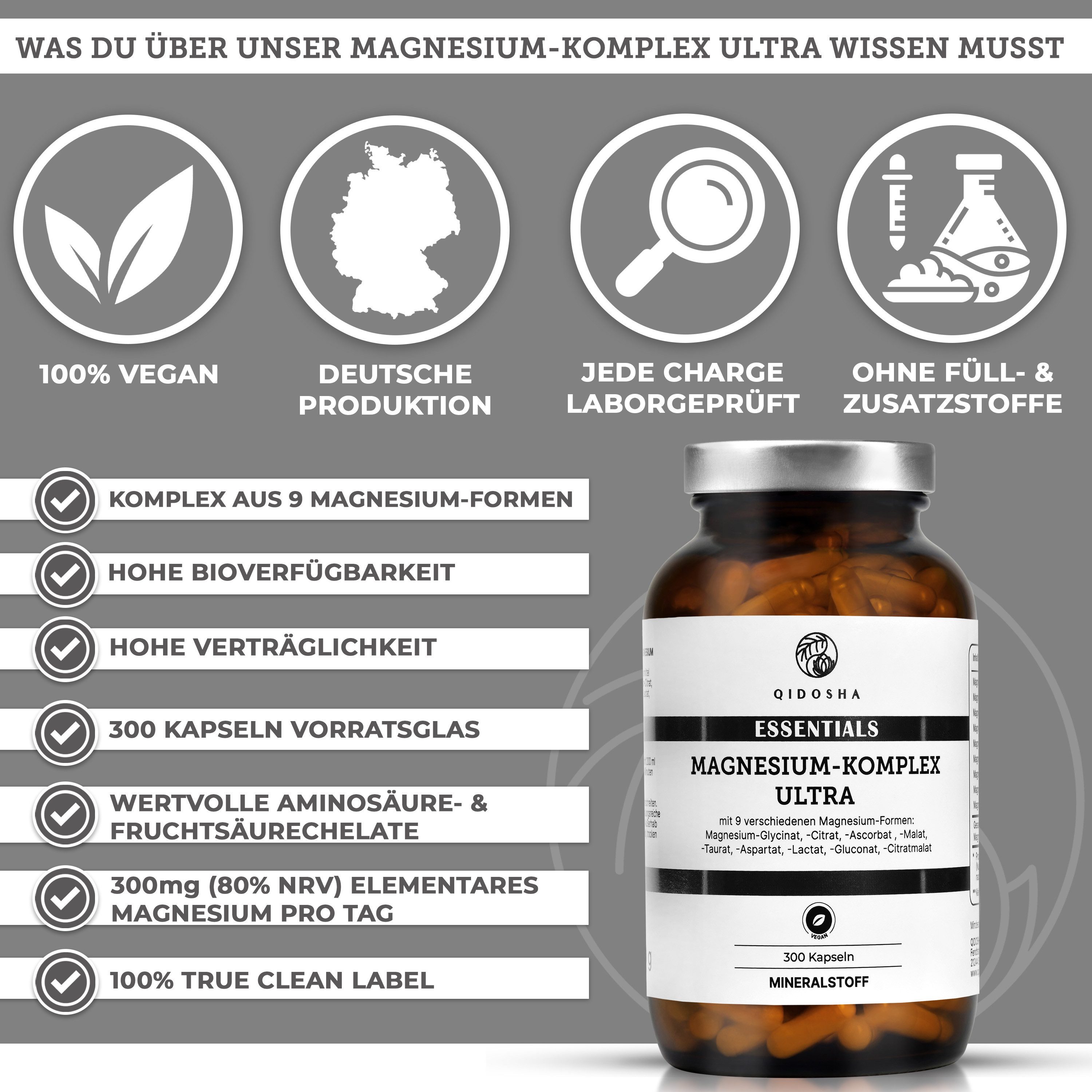 QIDOSHA Magnesium Komplex mit 9 Magnesium-Formen, hochdosiert im Apothekerglas Kapseln, 300mg elementares Magnesium/Tagesportion à 300 St., 180 g