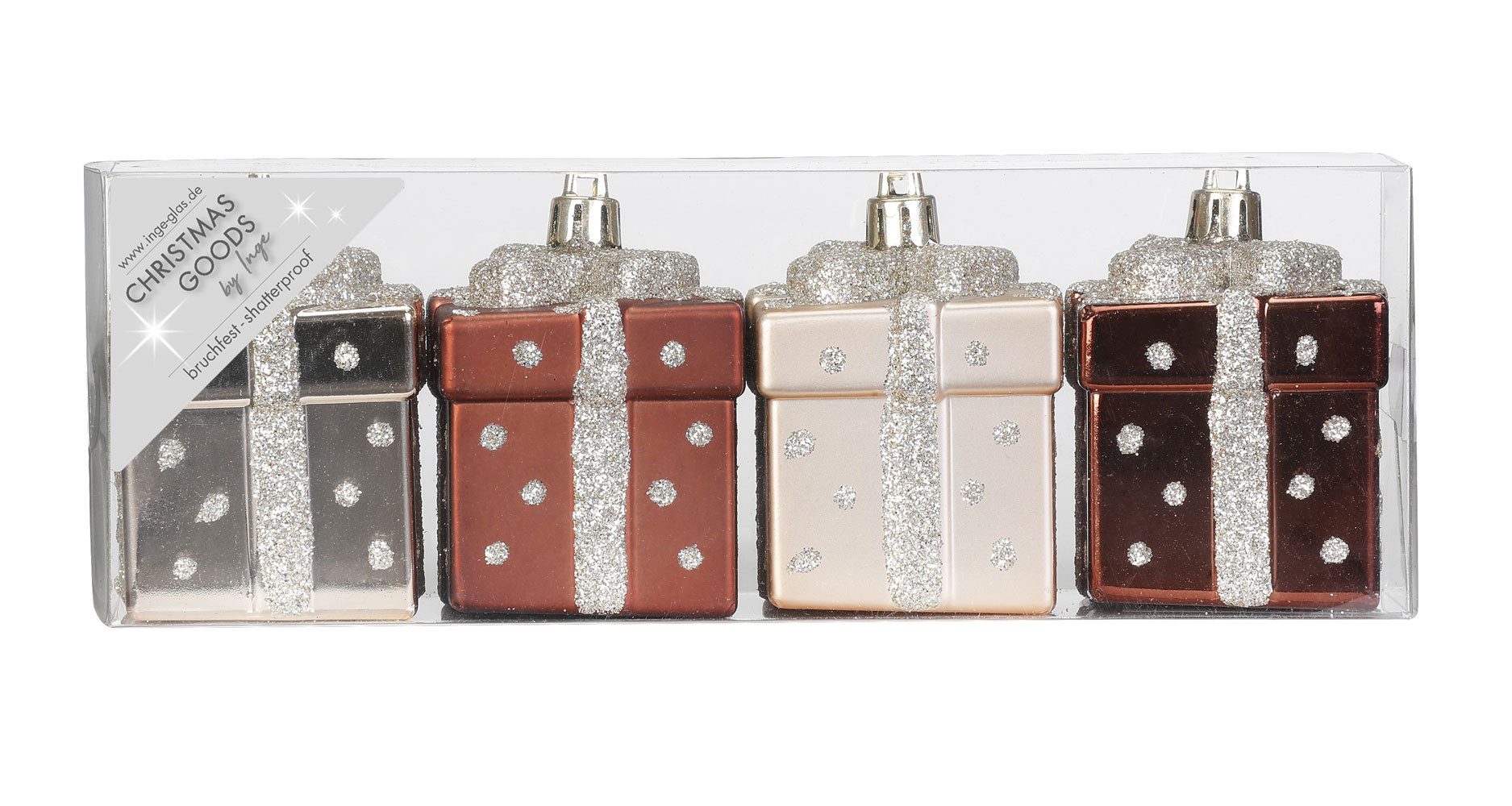 Holly & Jolly Christbaumschmuck, Christbaumschmuck Kunststoff Geschenke 6.5cm braun Mix, 4er Set