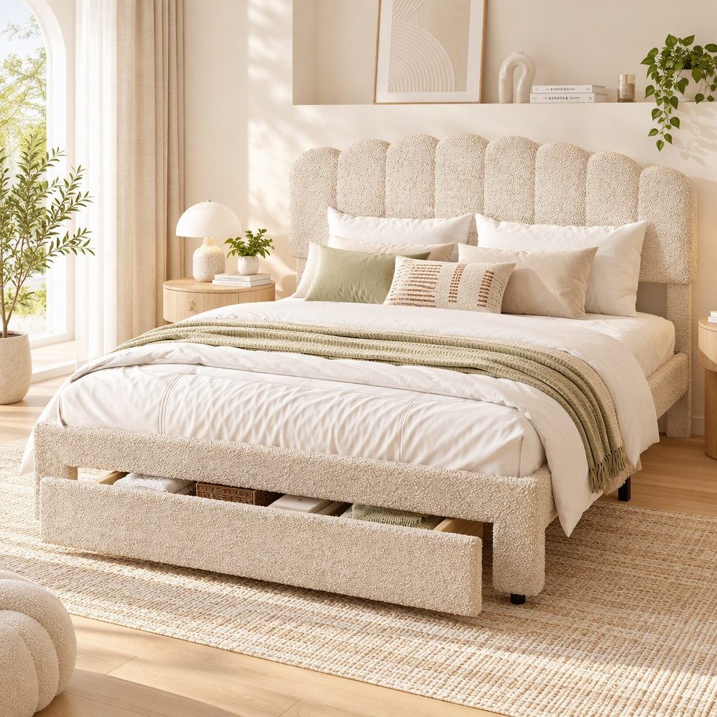 PXloue Polsterbett Doppelbett Stauraumbett (höhenverstellbarem Kopfteil), mit USB/Type-C Anschlüssen und Schublade, 160x200cm, Teddysamt
