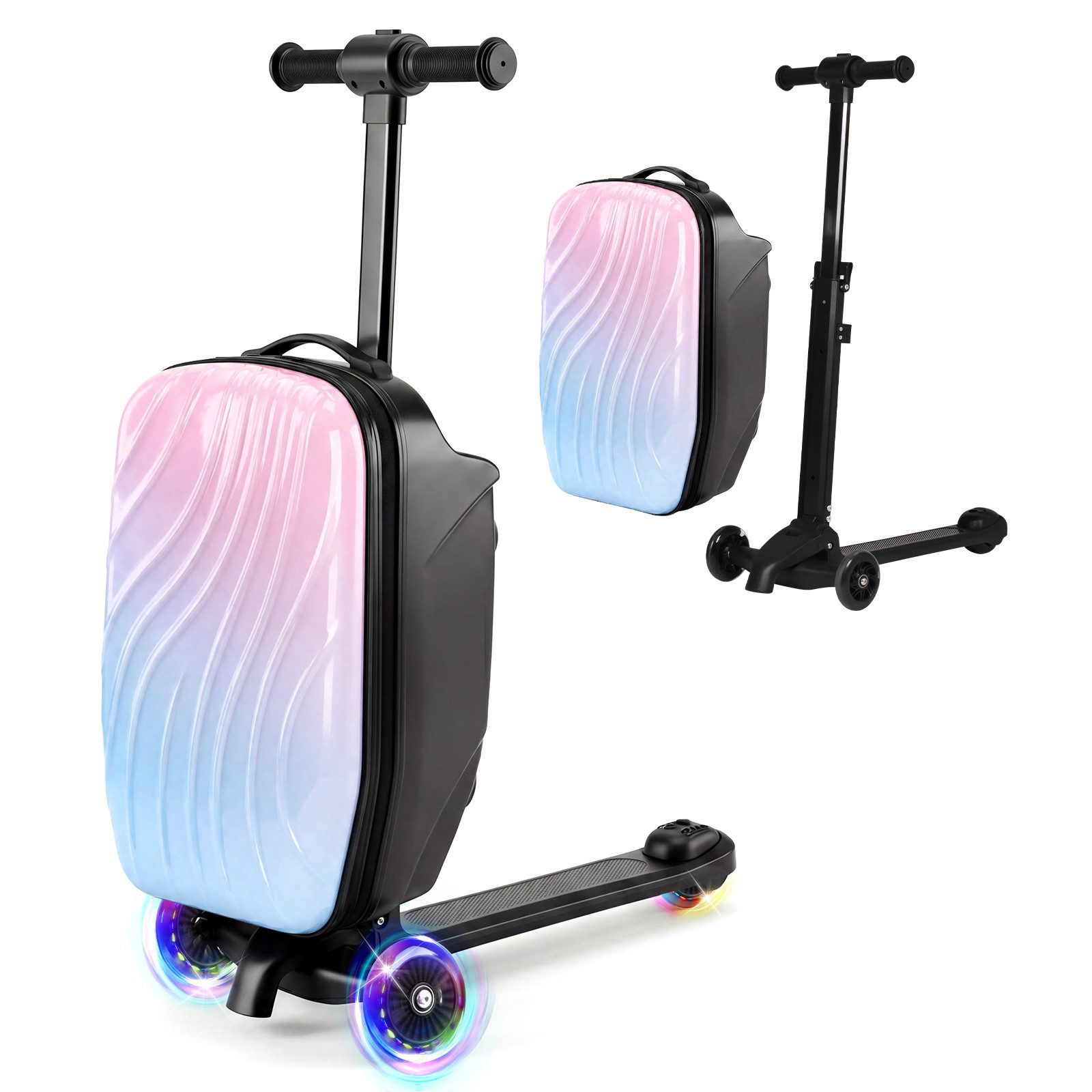 Hausright Kinderkoffer 4-in-1 Scooter Koffer Handgepäck Reisekoffer Hartschalen Abnehmbarer, Hartschalenkoffer mit LED-Leuchträder, Abnehmbarer Rucksack & Trolley