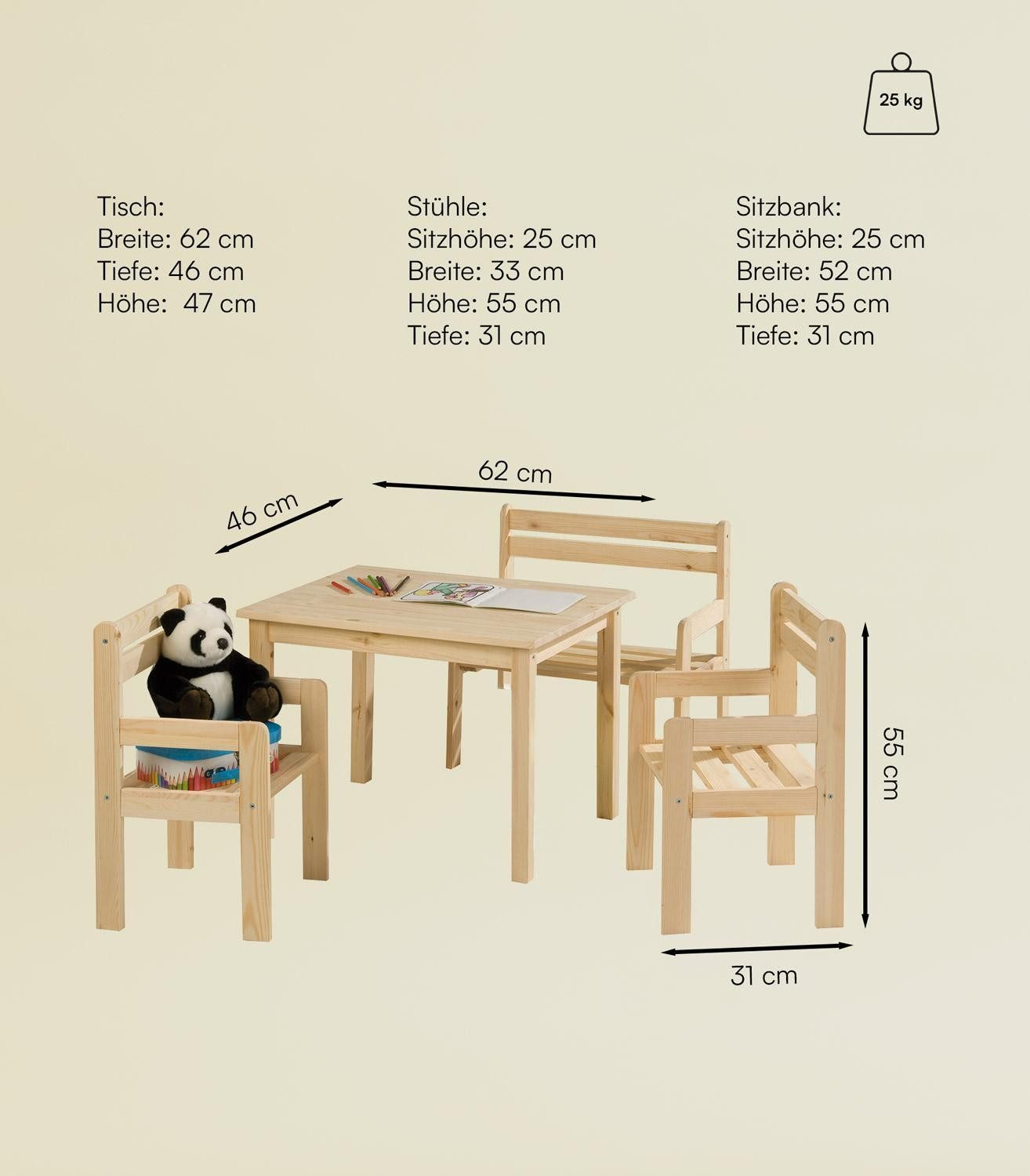 Home4You Kindersitzgruppe 4-teilig, Kiefer, Braun, 1 Tisch, 1 Bank mit Arml günstig online kaufen