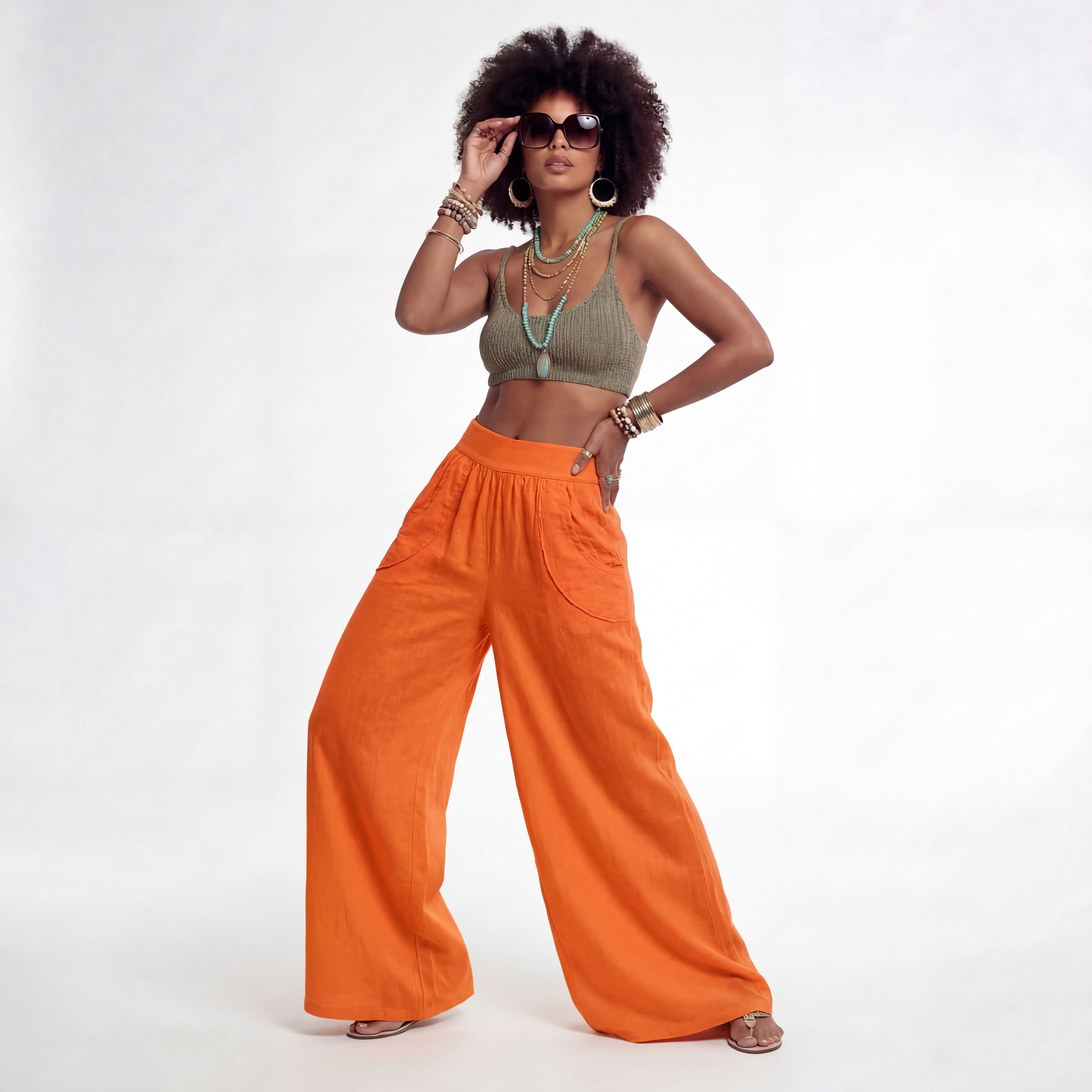 YC Fashion & Style Leinenhose Palazzo Hose weit – Sommerhose mit elastischem Bund und Taschen in Unifarbe