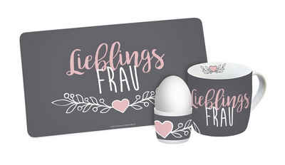 Geda Labels GmbH Frühstücks-Geschirrset Lieblingsfrau 3-teilig, 1 Personen, Porzellan/Melamin, Grau, 24x9,8x14,5cm, spülmaschinengeeignet