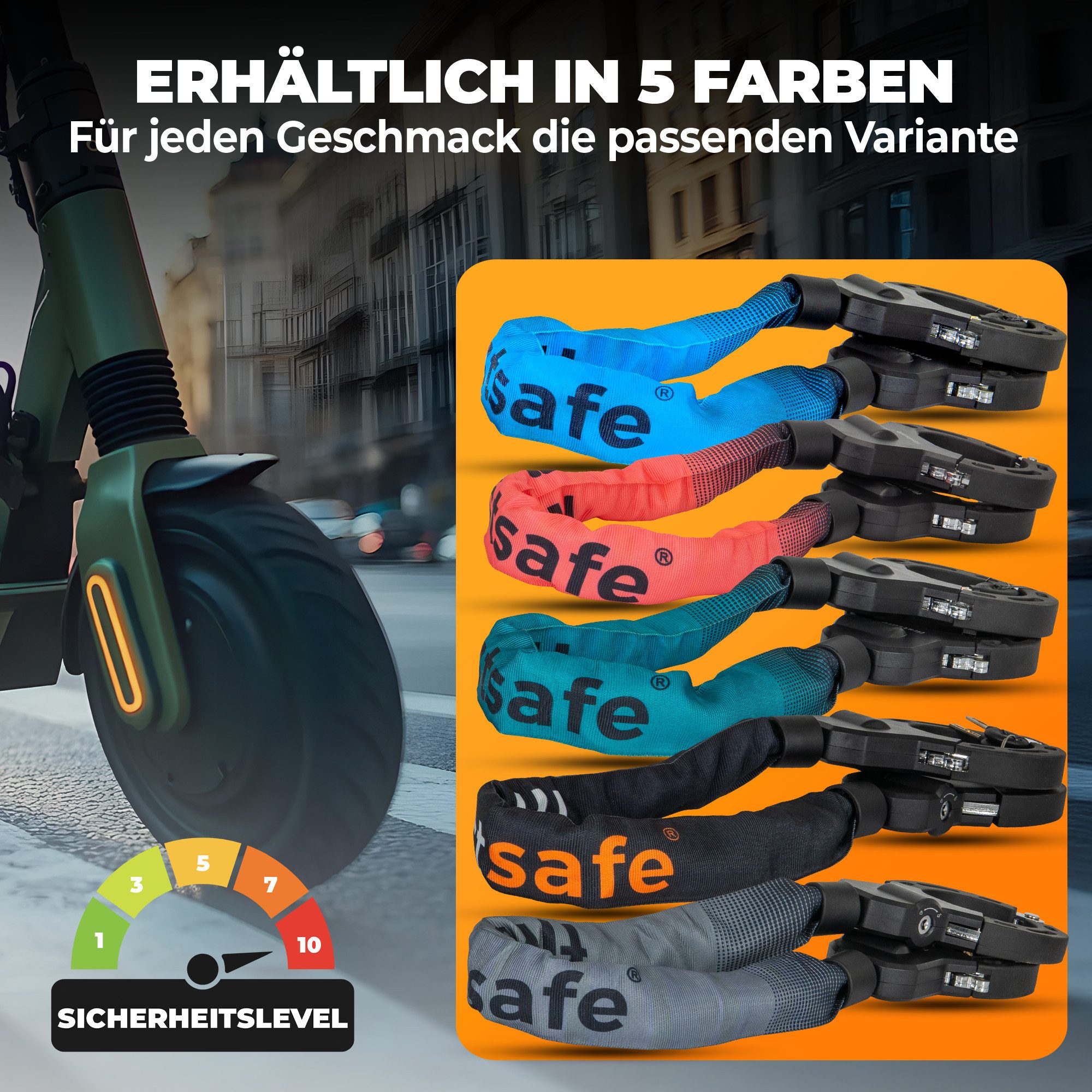 firstsafe Kettenschloss Handschellenschloss für E Scooter Schloss und Fahrrad 90 cm, 360° drehbar, Silikonbeschichtung, 8 mm Stahlkette