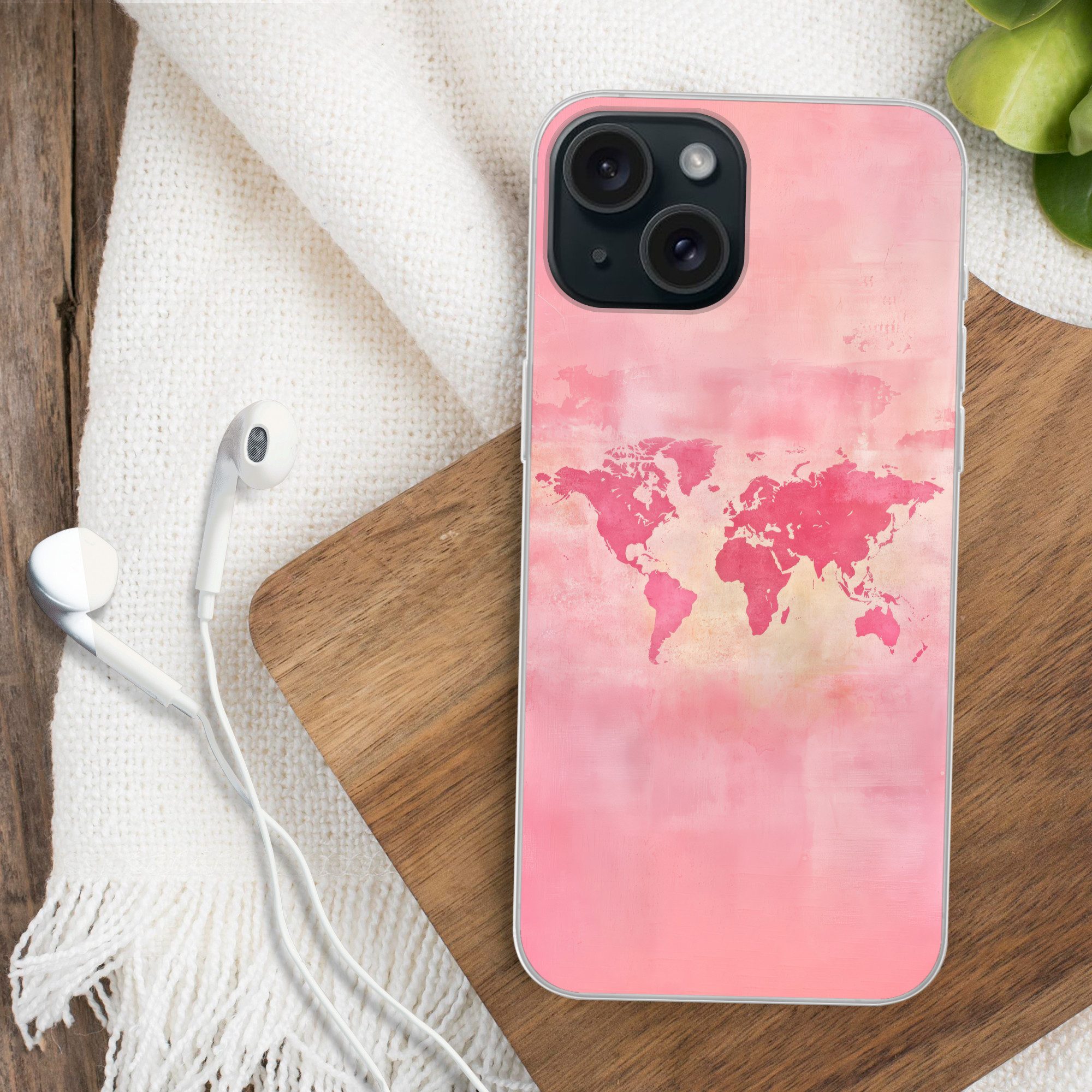 MuchoWow Handyhülle für Apple iPhone 15 Weltkarte - Rosa - Unscharf, Smartphone-Bumper, Print, Handy Schutzhülle Dünn