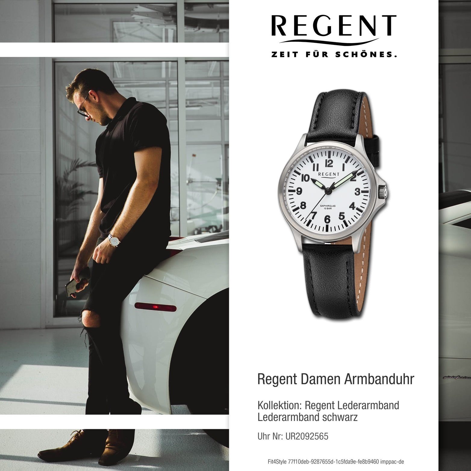 Regent schwarz, groß Lederarmband Armbanduhr Damen Analog, Regent Quarzuhr (ca. Gehäuse, rundes extra 32mm) Damenuhr