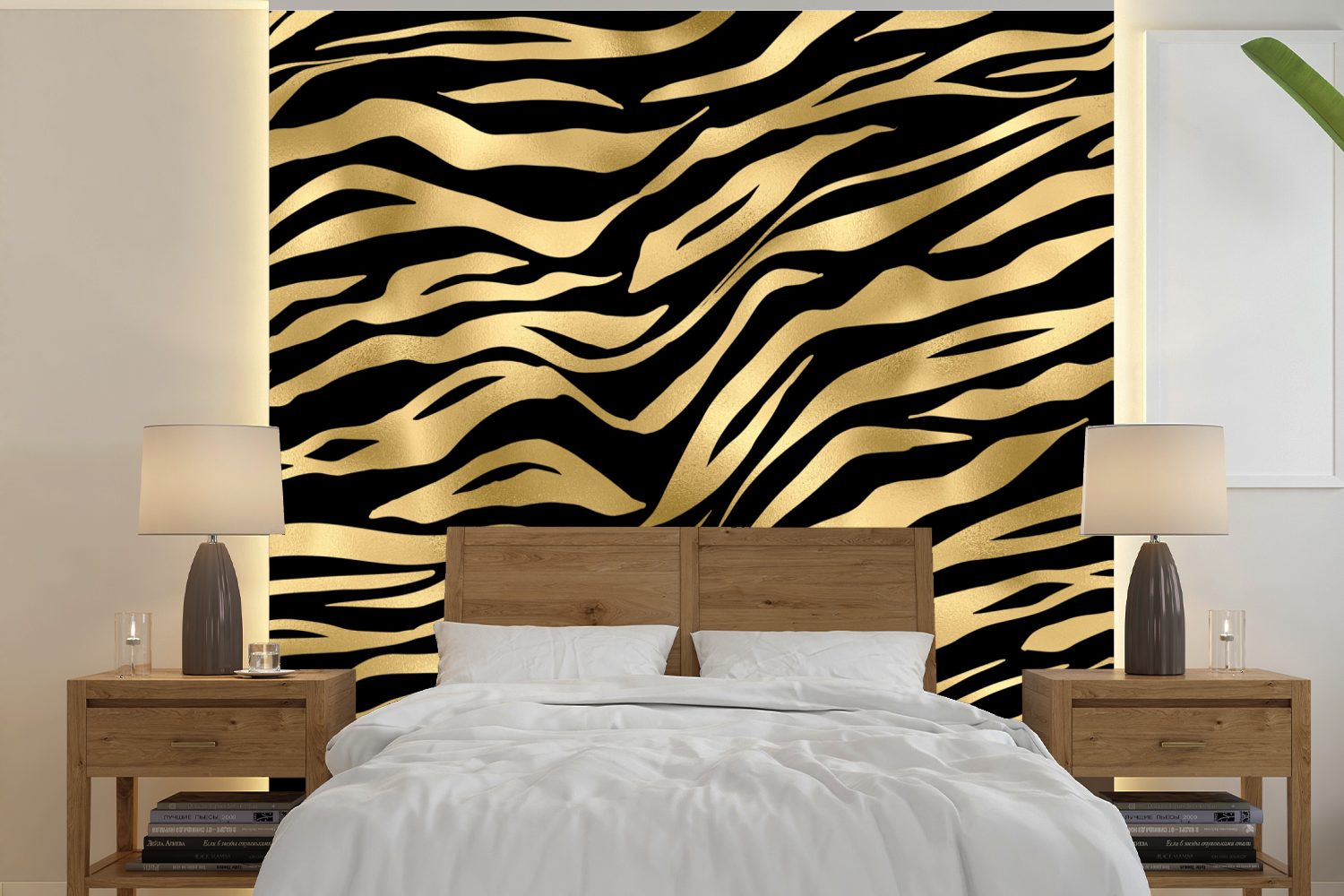 MuchoWow Fototapete Muster - Zebra - Gold, Matt, bedruckt, (5 St), Vinyl Tapete für Wohnzimmer oder Schlafzimmer, Wandtapete