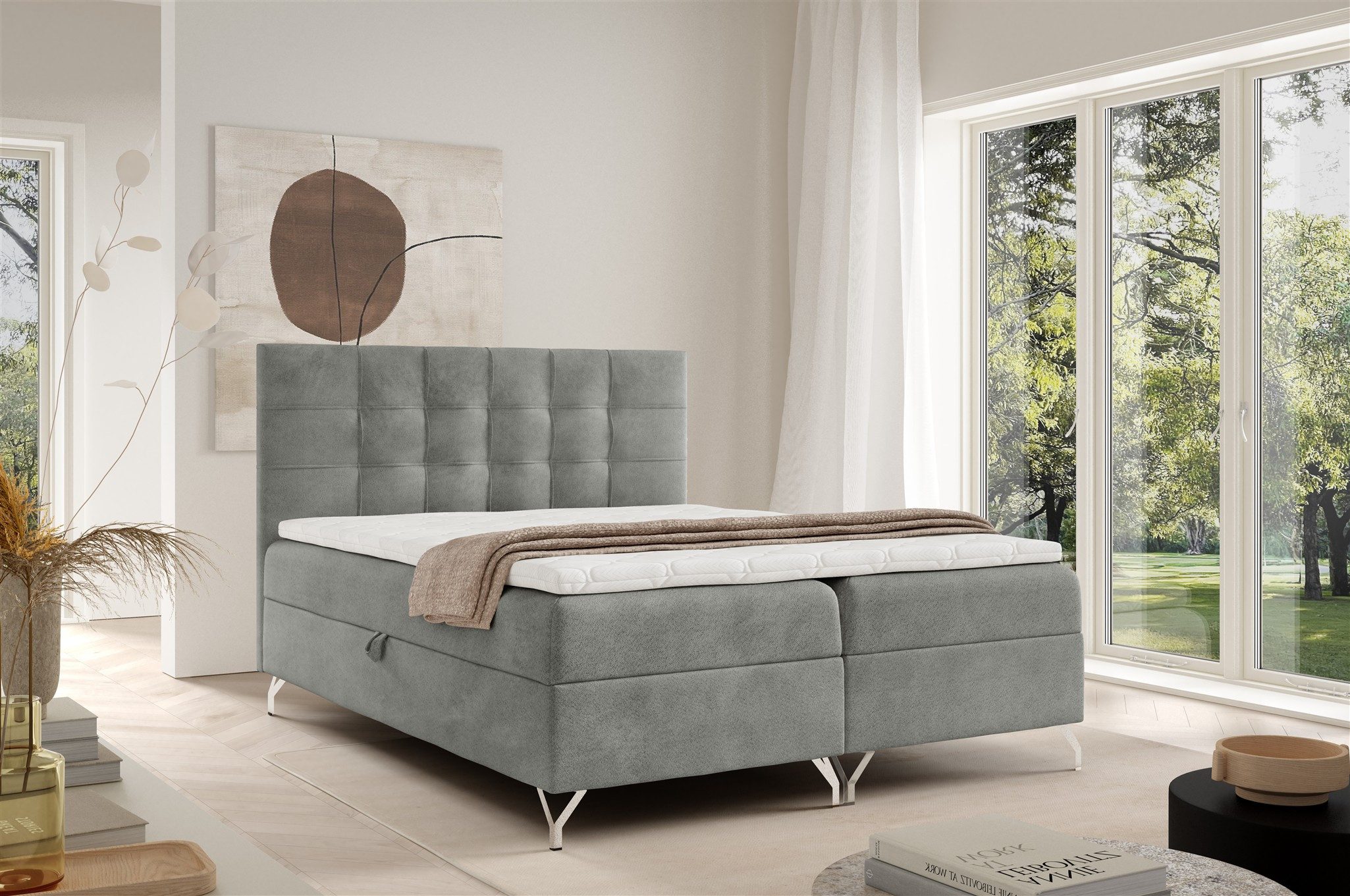 Fun Möbel Boxbett Schlafzimmerbett MERSIN PREMIUM in Strukturstoff Coral (inkl. Topper, Kopfteil gepolstert, auch mit Bonellfederkernmatratze erhältich), inkl. 2 x Bettkasten