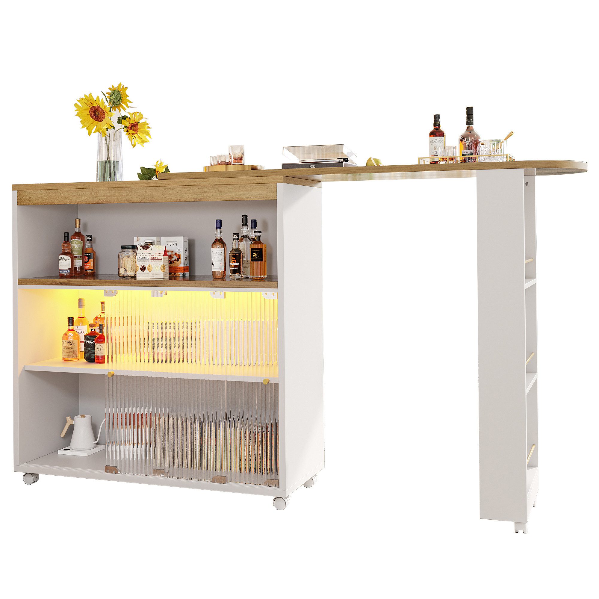 Rutaqian Bistrotisch Ausziehbarer Bartisch mit Stauraum, Moderner Beweglicher Bar Table (1-St., Stehtisch Bistrotisch Hochtisch Kücheninsel Bistro Table), Teleskopischer Bartisch mit LED, Großer Stauraum,Weiß 138-204×39×105cm