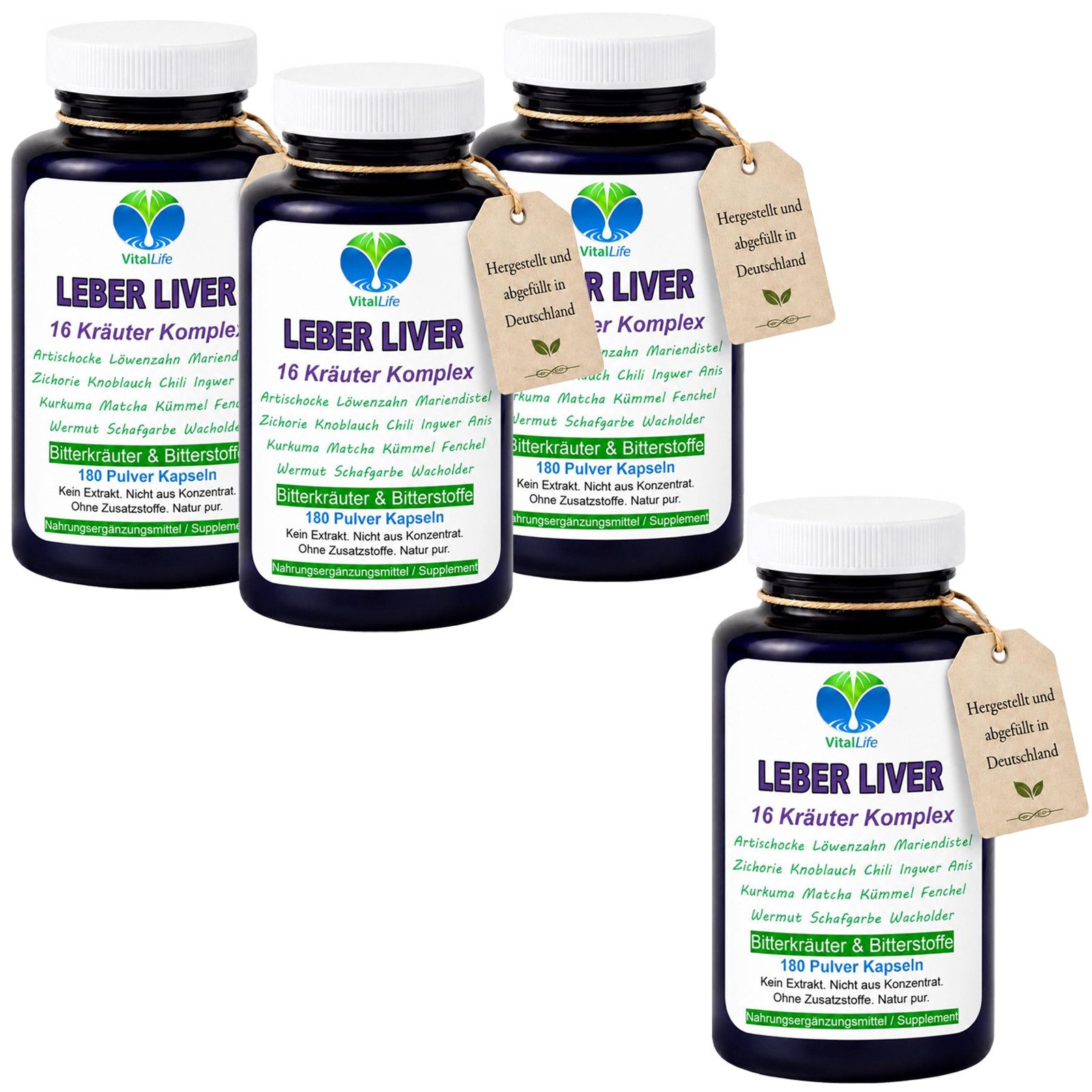 VitalLife LeberLiver 16 Kräuter & Bitterstoffe Komplex - Ohne Zusatzstoffe - Kapseln, 4 er Dose à 180 St., 344 g, Art. 26555-720