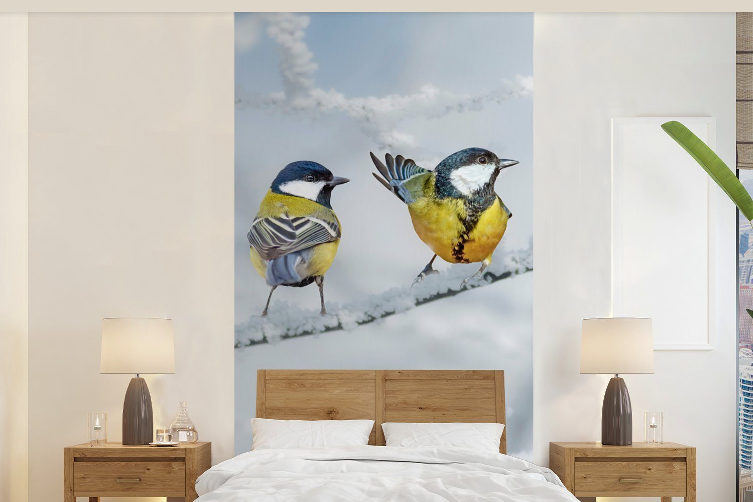 St), Vogel Zweige, für Küche, Winter - Fototapete MuchoWow Schlafzimmer (2 Wohnzimmer Schnee bedruckt, Fototapete - Vliestapete Kohlmeise - Matt, -