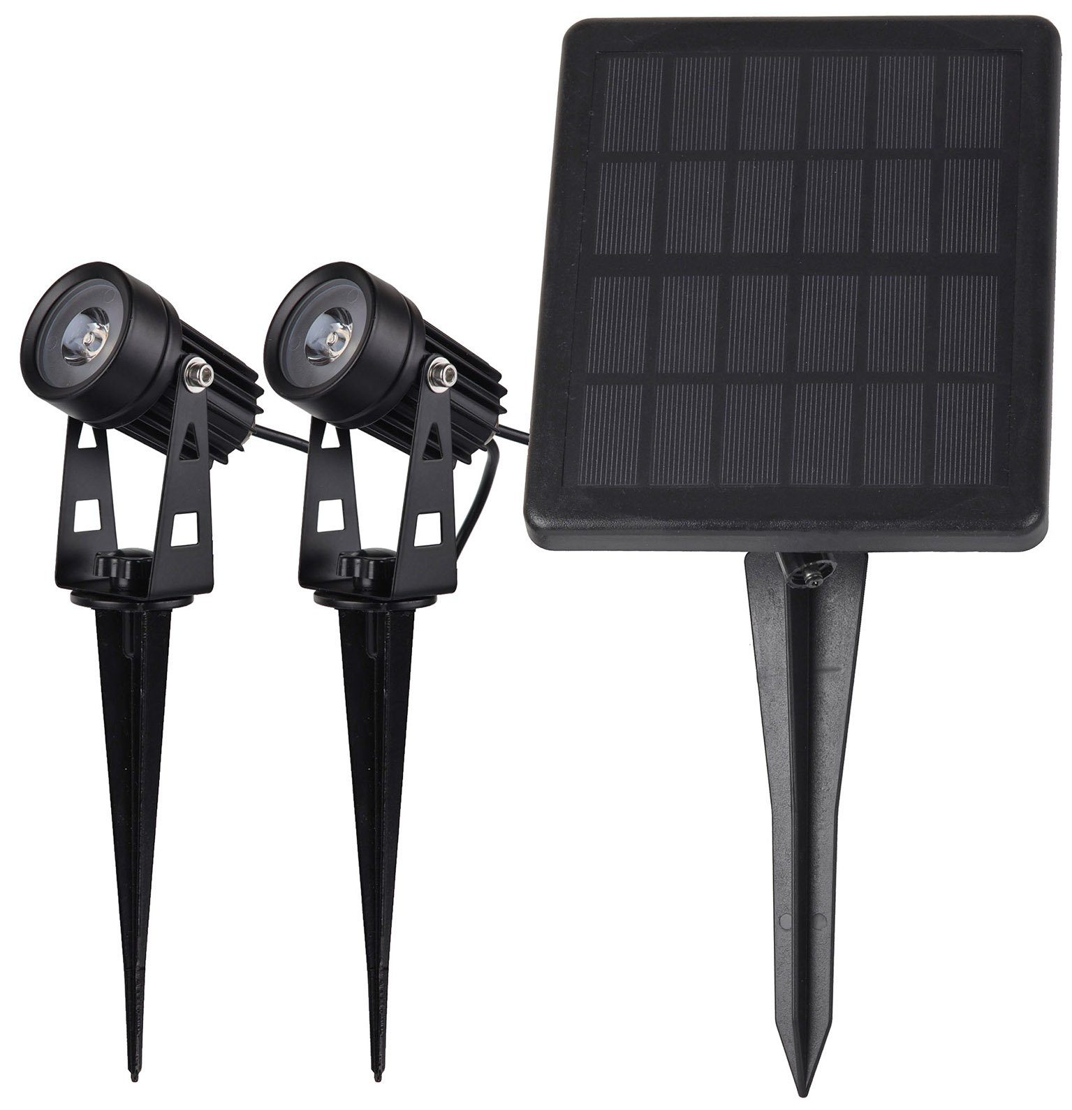 ChiliTec LED Gartenleuchte Gartenstrahler Solar mit 2 Spots; Solarzelle, Erdspieß, 3000k, IP65