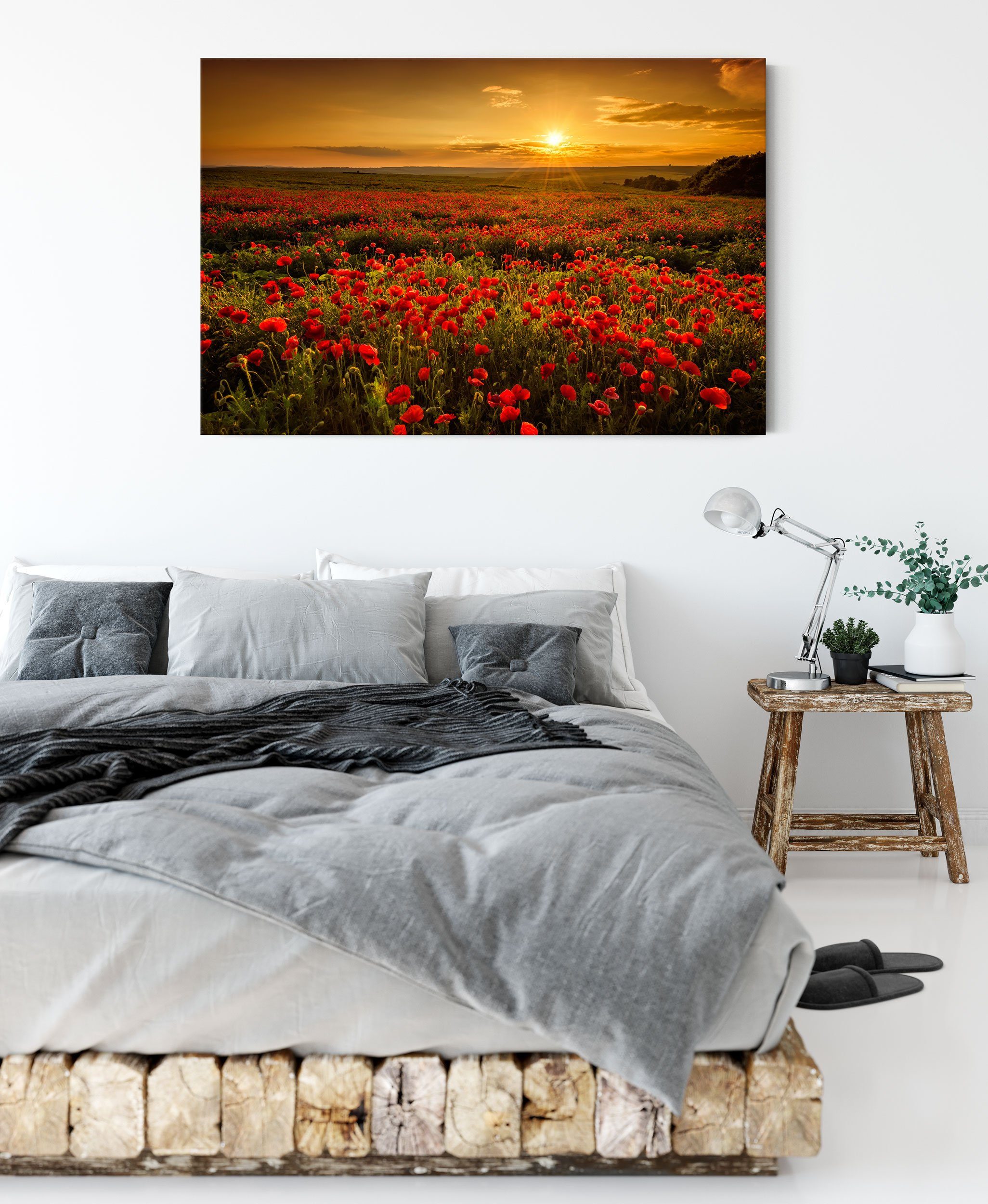 Pixxprint Leinwandbild Mohnblütenfeld bei Sonnenuntergang, Mohnblütenfeld bei Sonnenuntergang (1 St), Leinwandbild fertig bespannt, inkl. Zackenaufhänger