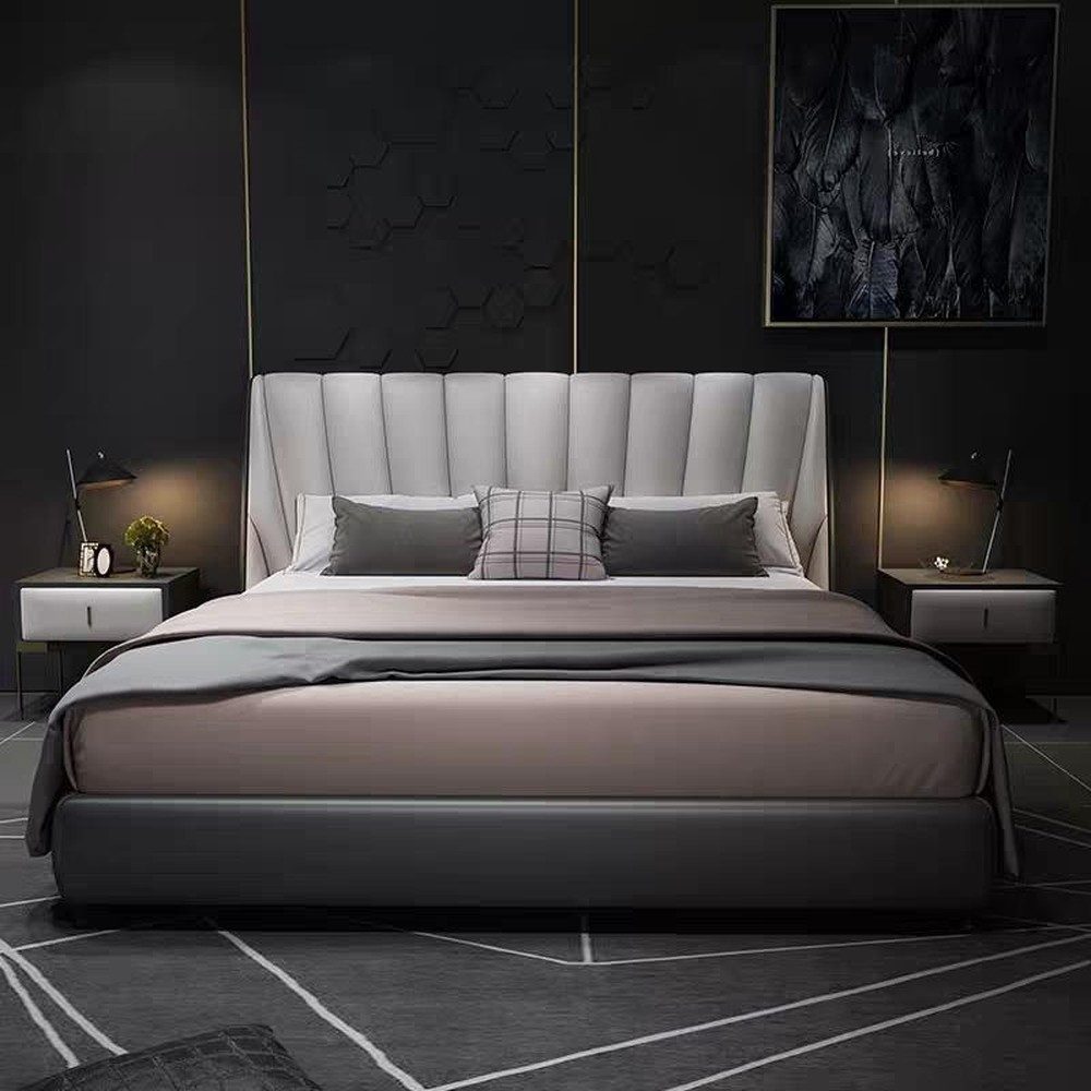 Xlmoebel Polsterbett Luxus Doppelbett aus grauem Leder mit modernem Polsterdesign (Doppelbett, 1-tlg., Bett), Hergestellt in Europa