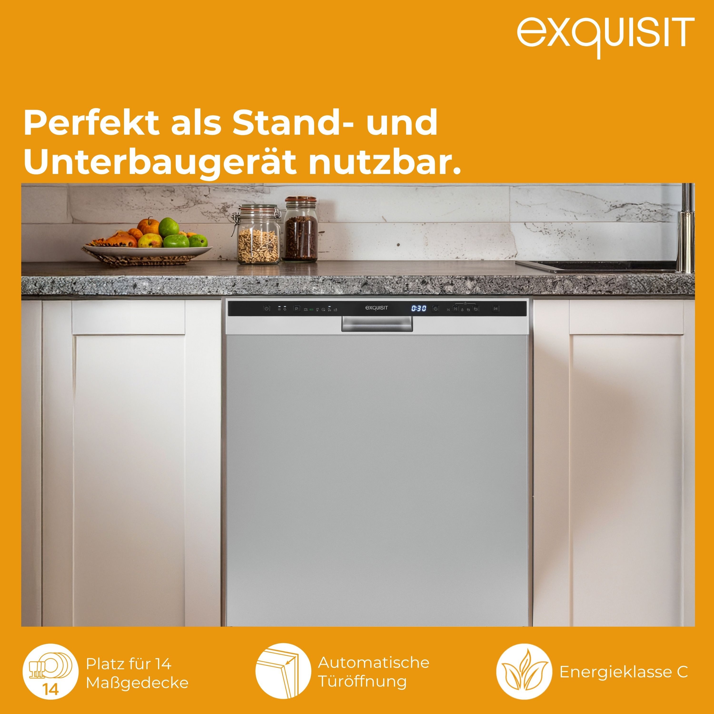 exquisit Standgeschirrspüler PRO GSP56314-030C, 14 Maßgedecke, 14 Maßgedecke, Automatische Türöffnung, Oberkorb verstellbar