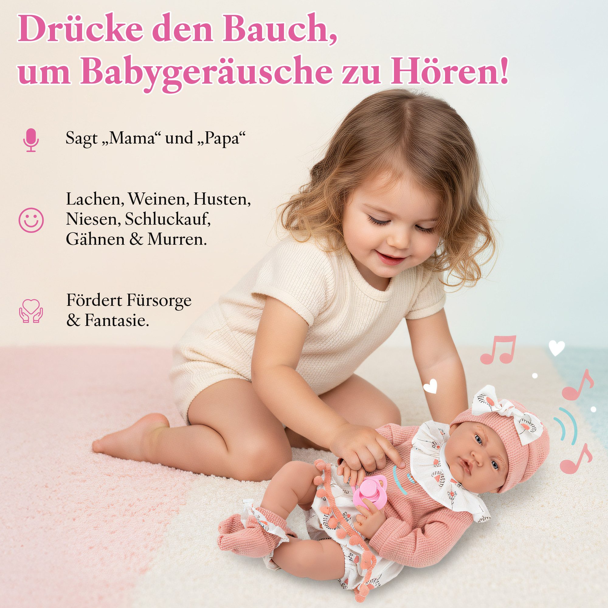 Kinderplay Dolls & Strollers Babypuppe Interaktive Babypuppe 41 cm – spricht & mit Schnuller – realistischer (Set)