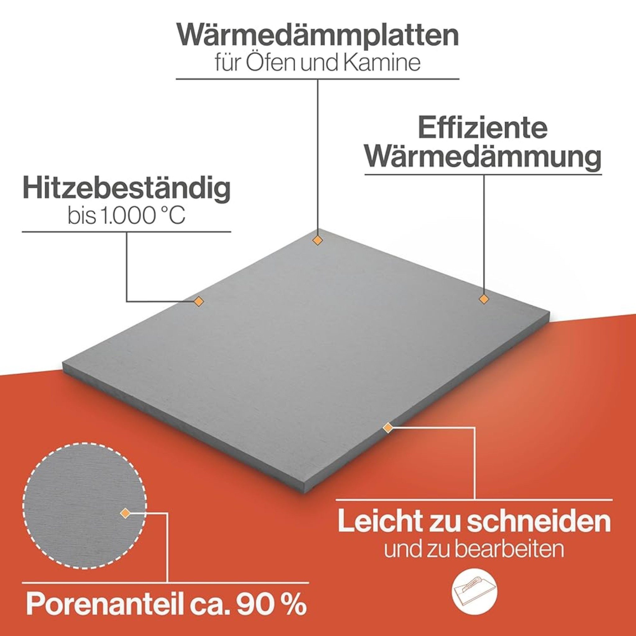 Feuerfest 123 GmbH Dämmplatte Kalziumsilikatplatten 3er Set 500x300x90 mm, (3er-Set), niedrige Wärmeleitfähigkeit, hitzebeständig bis 1.000 °C – Bild 3 von 5
