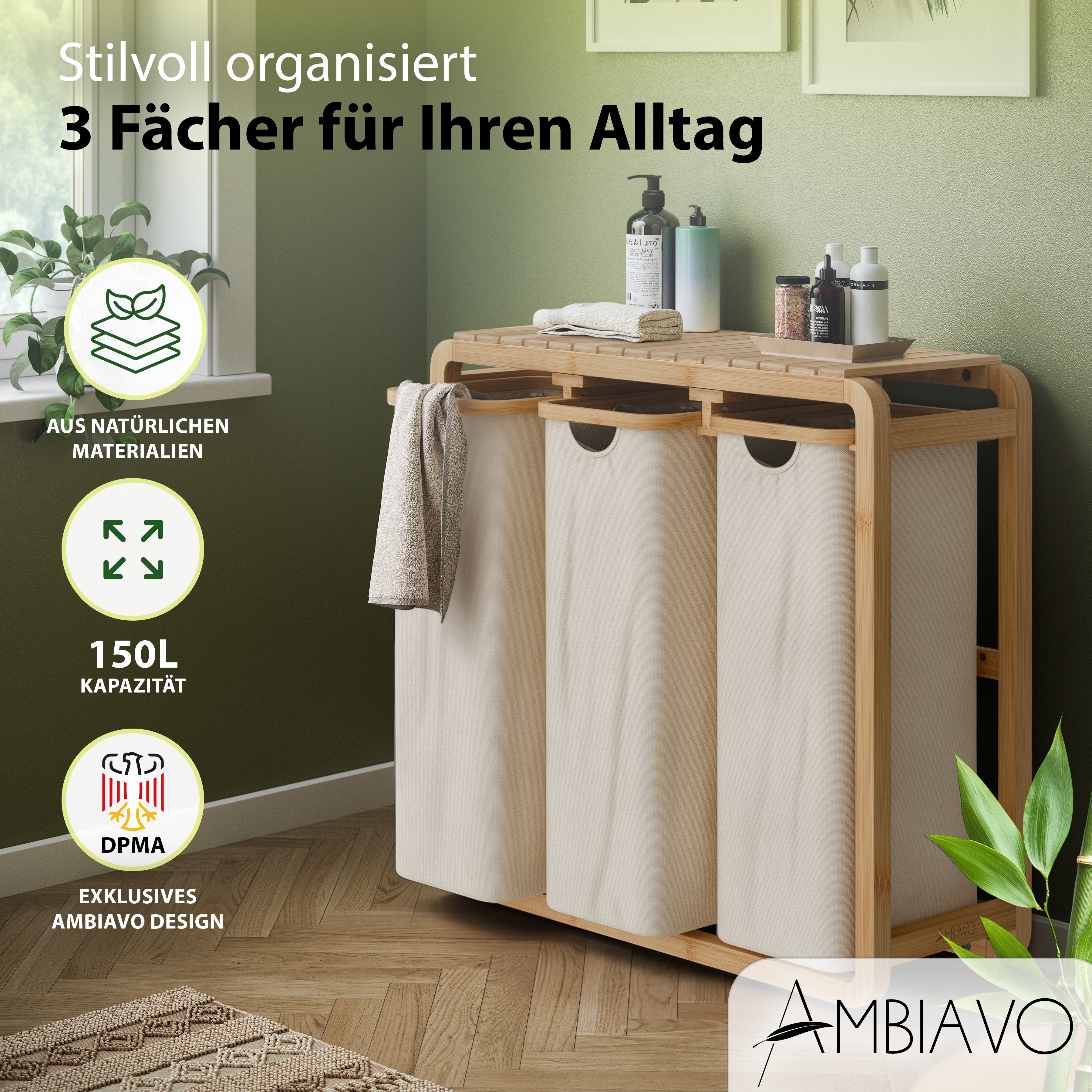 AMBIAVO Wäschekorb 3 Fächer mit waschbaren Baumwollsäcken, 150 L Volumen, s günstig online kaufen