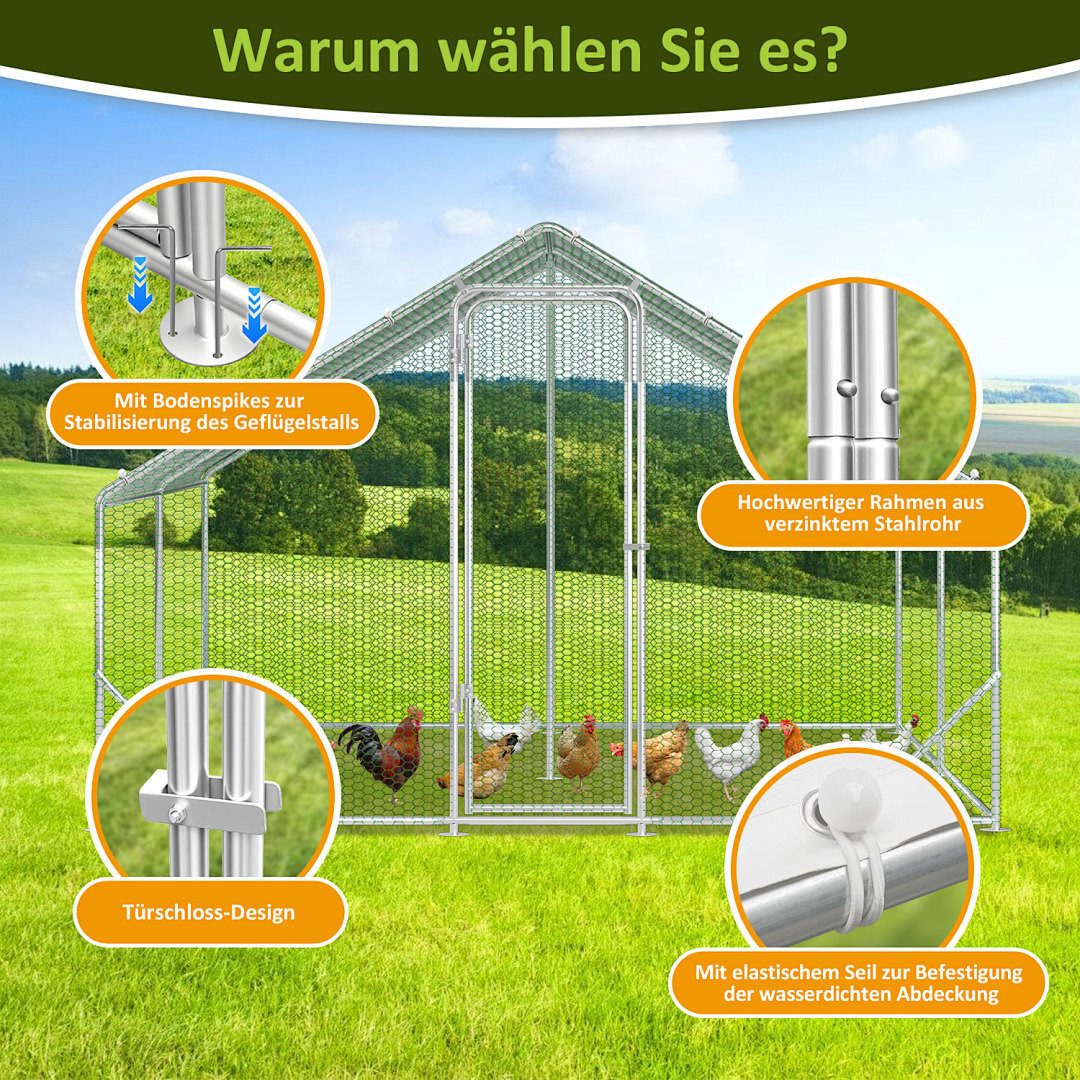Clanmacy Hühnerstall 3x2x2m Hühnerstall aus Stahl mit UV-beständiger Abdeckung Voliere – Bild 5 von 5