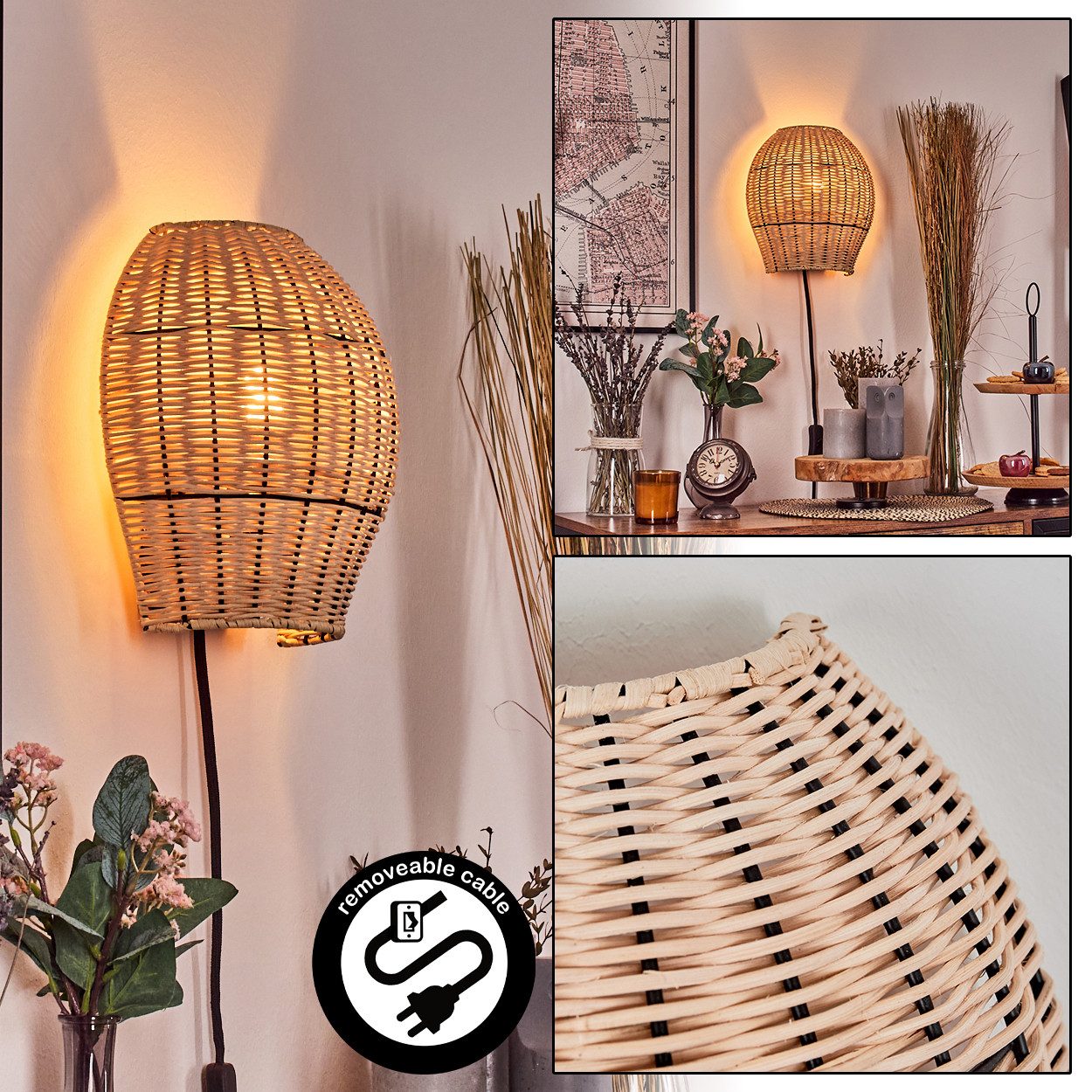 Wandleuchte Wandlampe aus Metall/Rattan in Schwarz/Naturfarben