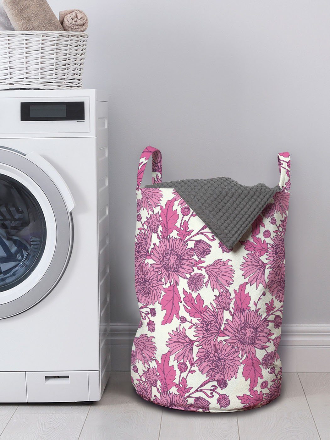 Wäschesäckchen für Waschsalons, Wäschekorb mit Chrysanthemen Kordelzugverschluss Griffen Abakuhaus Blumen Drawn Hand