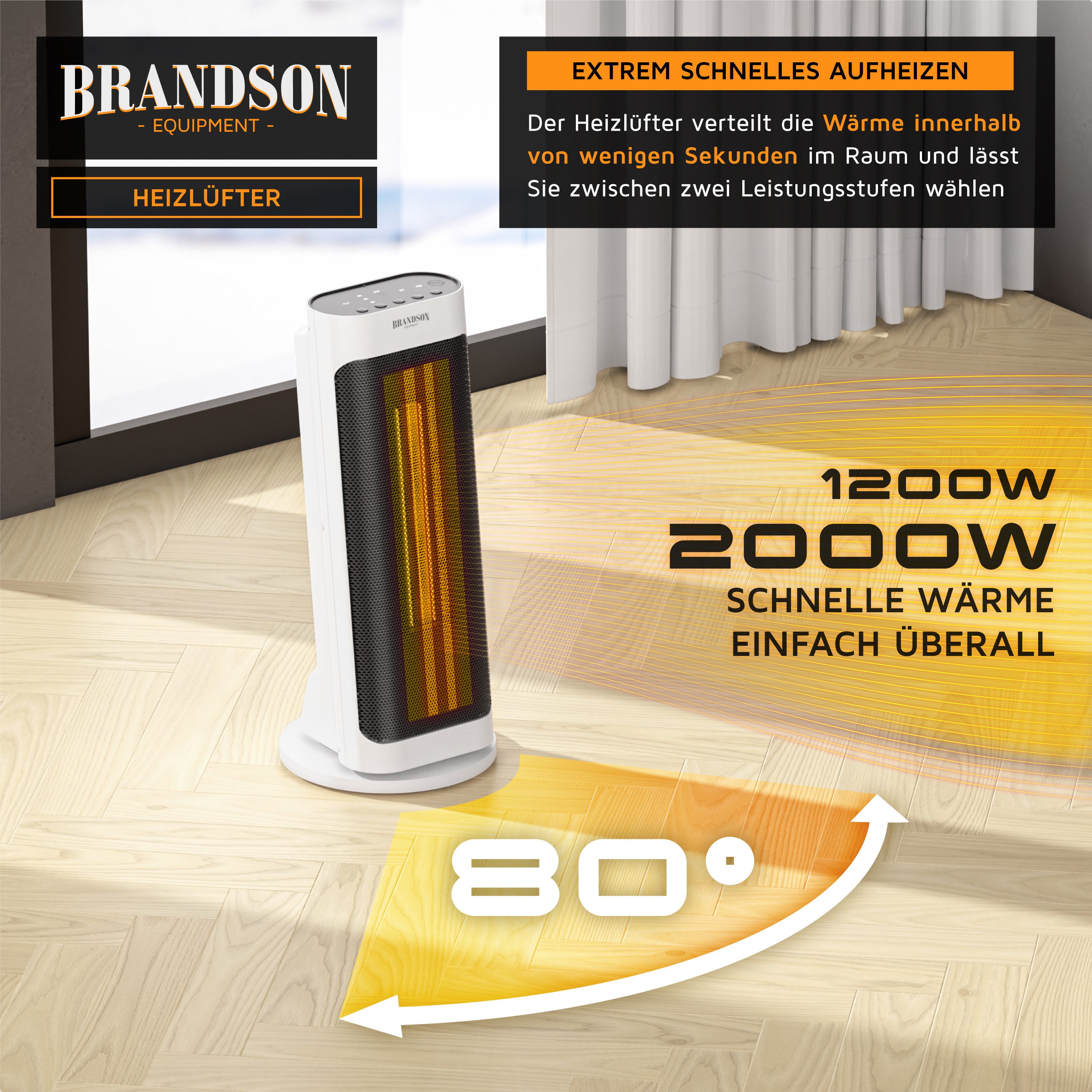 Brandson Keramikheizlüfter Heizlüfter mit Fernbedienung & Thermostat, energiesparend & leise, 2000 W, Timer, einstellbare Temperatur, Badezimmer Heizung, Preisträger 2025