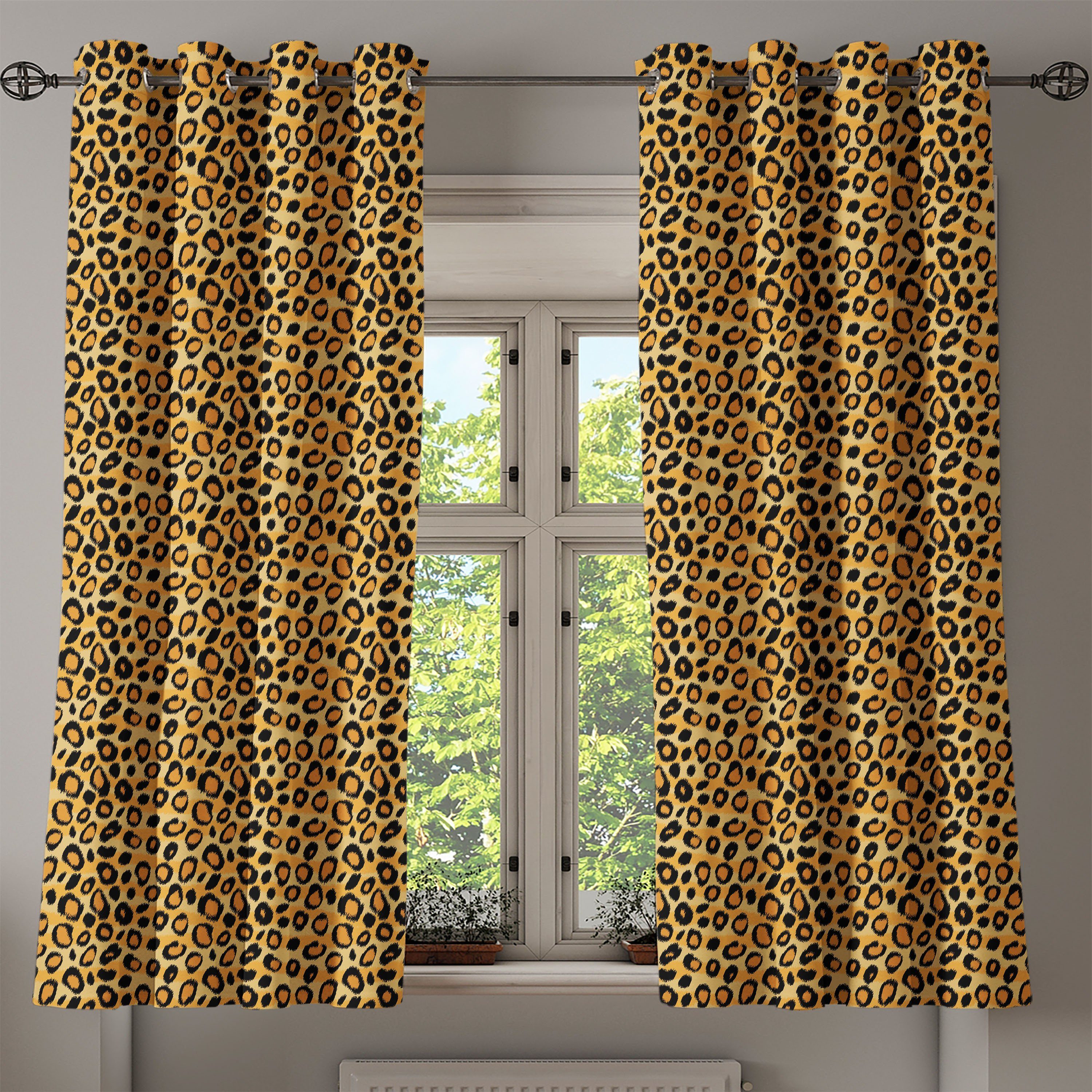 für Tile Wilde Leopard-Druck 2-Panel-Fenstervorhänge Wohnzimmer, Feline Schlafzimmer Abakuhaus, Dekorative Gardine