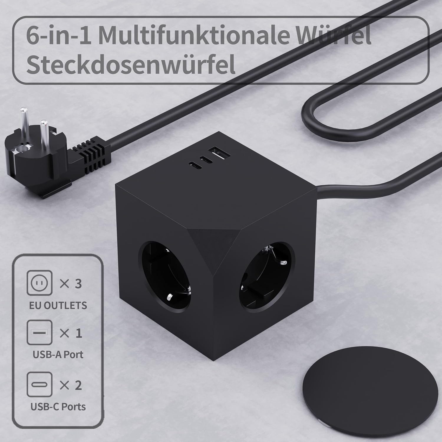 Forrlite Steckdosenleiste PD20W mit Magnetpad 6in1 Wandsteckdose 6 Fach Mehrfachsteckdose 6-fach (3680W/16A, USB-Anschlüsse, 1,5M Verlängerungskabel, Überlastschutzgerät, Schutzkontaktkupplung, Kinderschutz, Kurzschlussschutz, Überspannungsschutz), Steckdosenleiste mit 3 USB Typ C für Büro, Hause, Grau