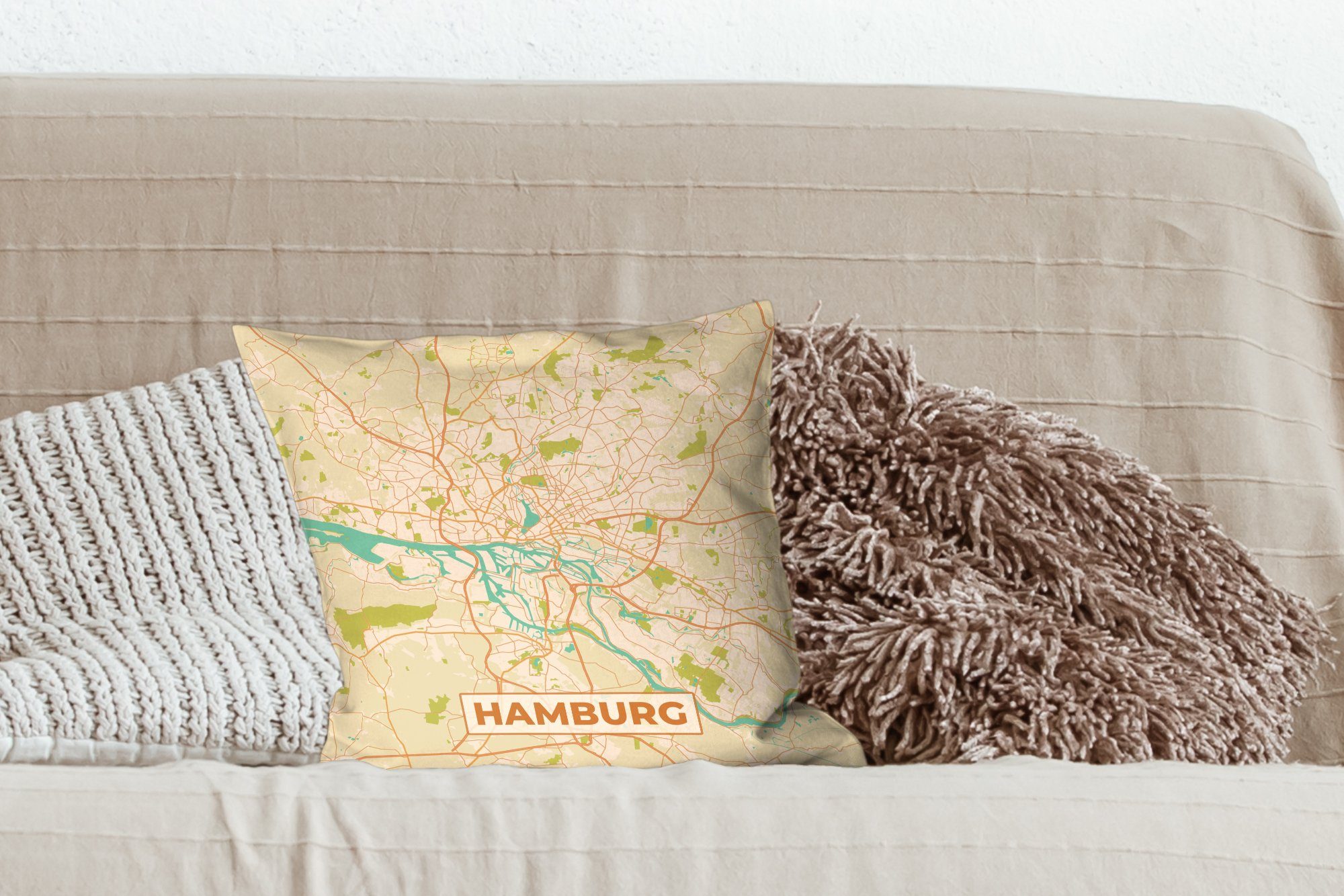 Deko, Vintage mit Schlafzimmer, Dekokissen Füllung Zierkissen Hamburg Sofakissen Stadtplan, Wohzimmer, - für - MuchoWow Karte -