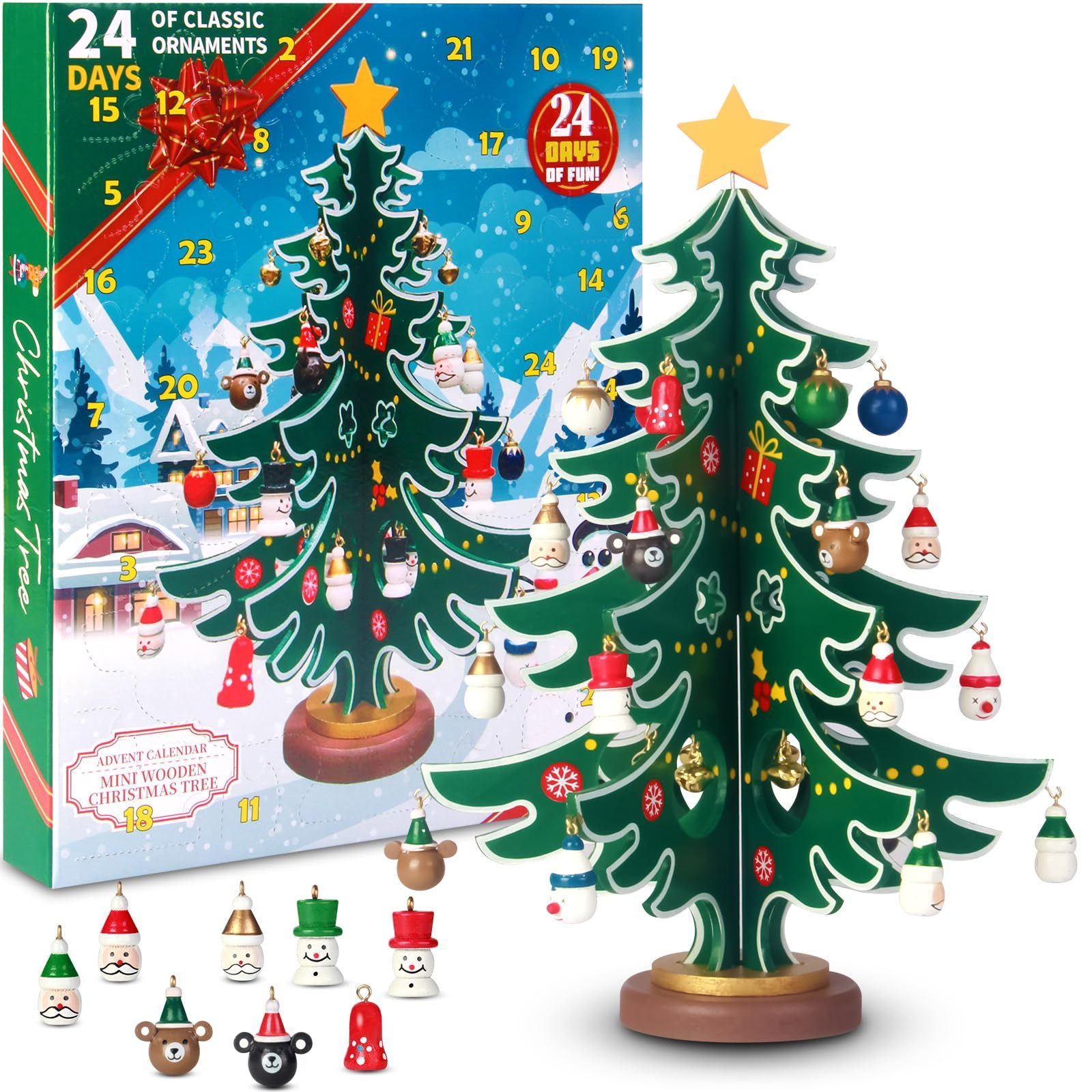 Bomiclss DIY-Adventskalender Weihnachtsbaum aus Holz für den Tisch,24-Tage Countdown Kinder, mit 30 Weihnachtsanhängern, Weihnachtsgeschenk für Kinder