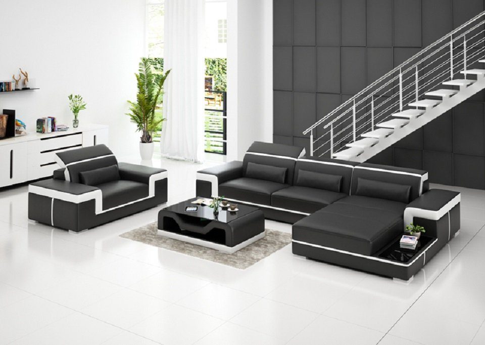 JVmoebel Ecksofa, Wohnlandschaft Ecksofa L-Form Sessel Set Modern Sofa Leder Couch 2tlg. Schwarz/Weiß