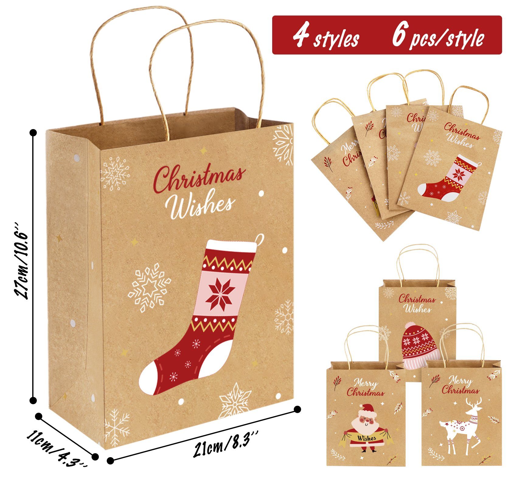 Christbaumschmuck Geschenktaschen Papiertüten verschiedenen Geschenke mit mit Kraftpapier Mitgebsel Geschenktüten Weihnachtsmotiven (24-tlg), Homewit Weihnachten Beige