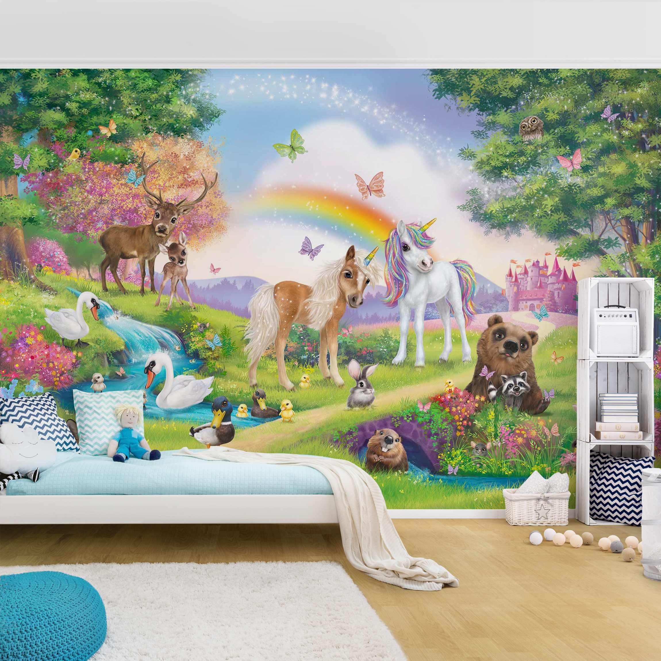 Bilderdepot24 Kindertapete Kinderzimmer Zauberwald mit Einhorn Kinder Wanddeko Regenbogen, Glatt, Matt, (Vliestapete inkl. Kleister oder selbstklebend), Mädchenzimmer Jungenzimmer Babyzimmer Bildtapete Fototapete Wandtapete