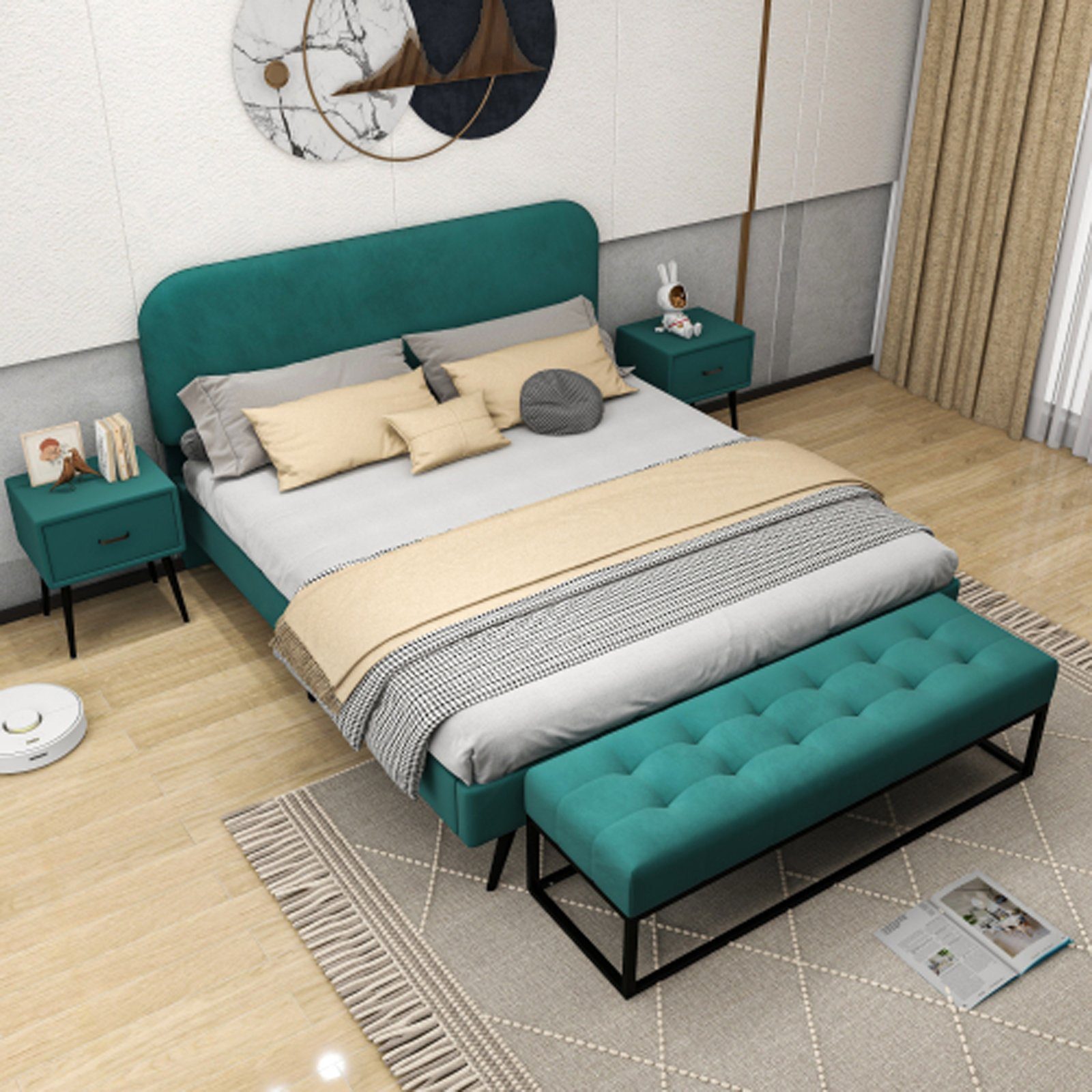 SEEZSSA Schlafzimmer-Set Schlafzimmer-Set mit Samt Polsterbett,Nachttisch und Betthocker, (Mit/ohne Matratze), Modernes Design Schlafkomfort Doppelbett grün,140x200cm | Komplettzimmer
