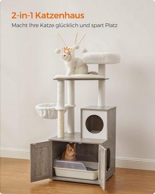 Caldine Kratzbaum mit Katzenklo-Schrank, 2-in-1 Design-Katzenbaum, 4-Etagen, mit Sisalstämmen und drei abnehmbaren Plüschbällen