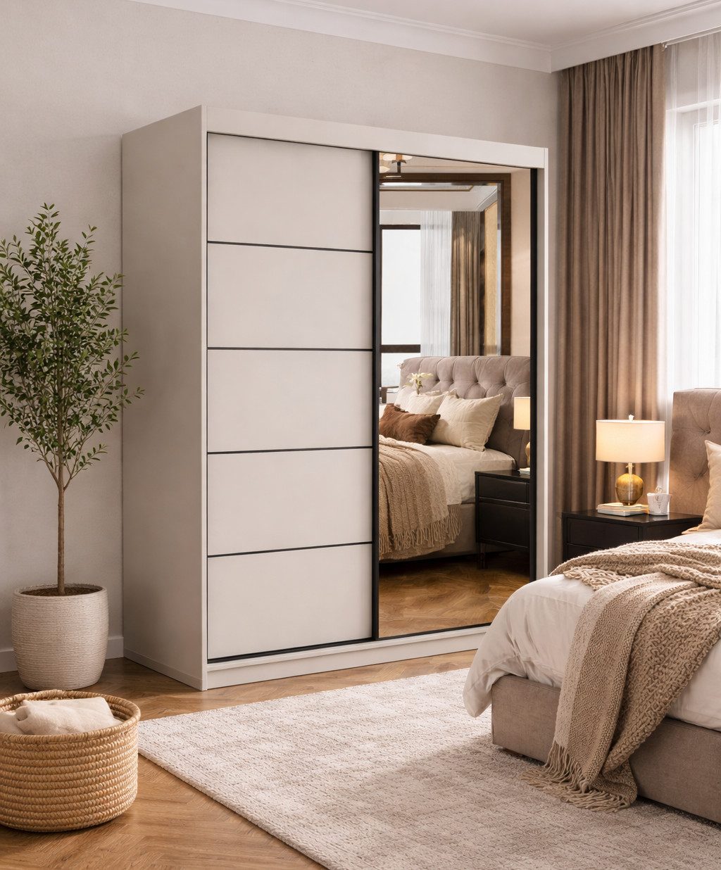 MOEBLO Kleiderschrank LARA 05 Kaschmir (Kleiderschrank Kaschmir mit Spiegel & schwarzen Sprossen, Schiebetüren, Schwebetürenschrank 2-türig Schrank mit vielen Einlegeböden und Kleiderstange) (BxHxT): 150x200x61 cm