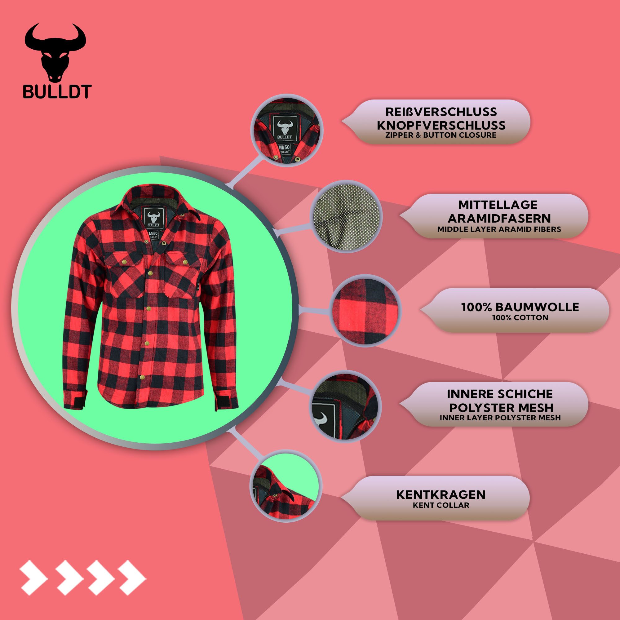 BULLDT Motorradjacke BLD1201 (mit 4 CE-Protektoren) BULLDT Herren Motorradhemd Holzfäller-Look Hemd