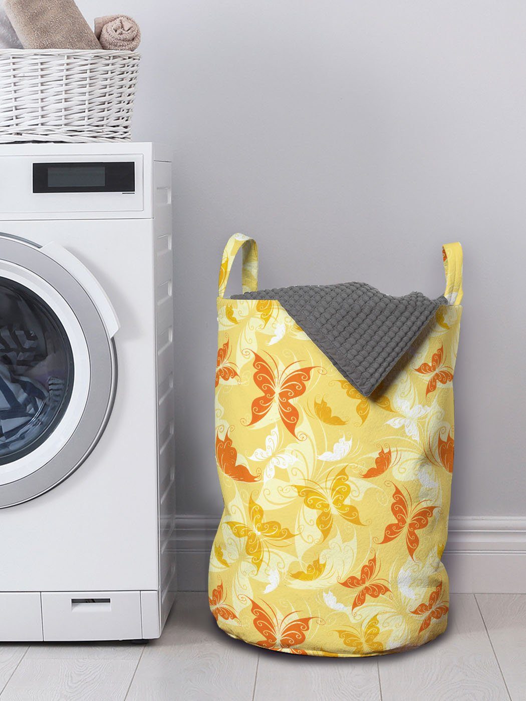 Abakuhaus Wäschesäckchen Wäschekorb mit Waschsalons, Griffen Gelb Kordelzugverschluss weiss gewirbelte Schmetterling für