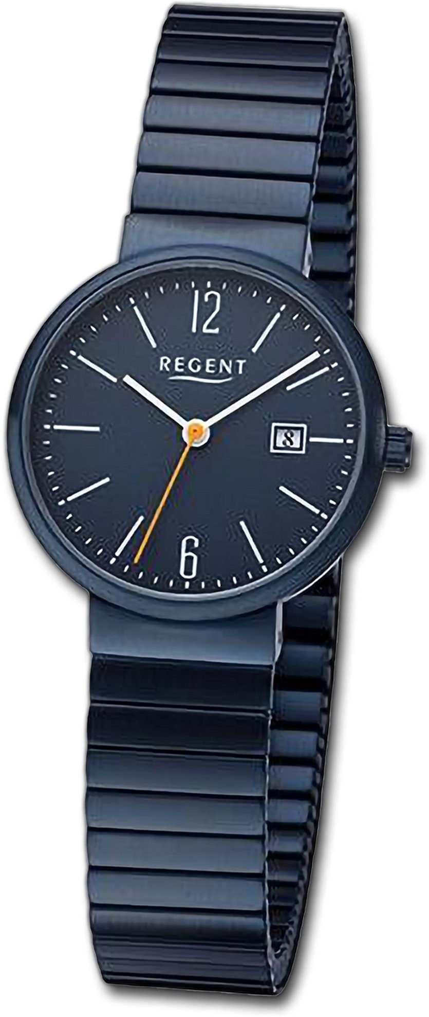 Regent Quarzuhr Regent Damen Armbanduhr Analog, Damenuhr Edelstahlarmband dunkelblau, rundes Gehäuse, groß (ca. 29mm)