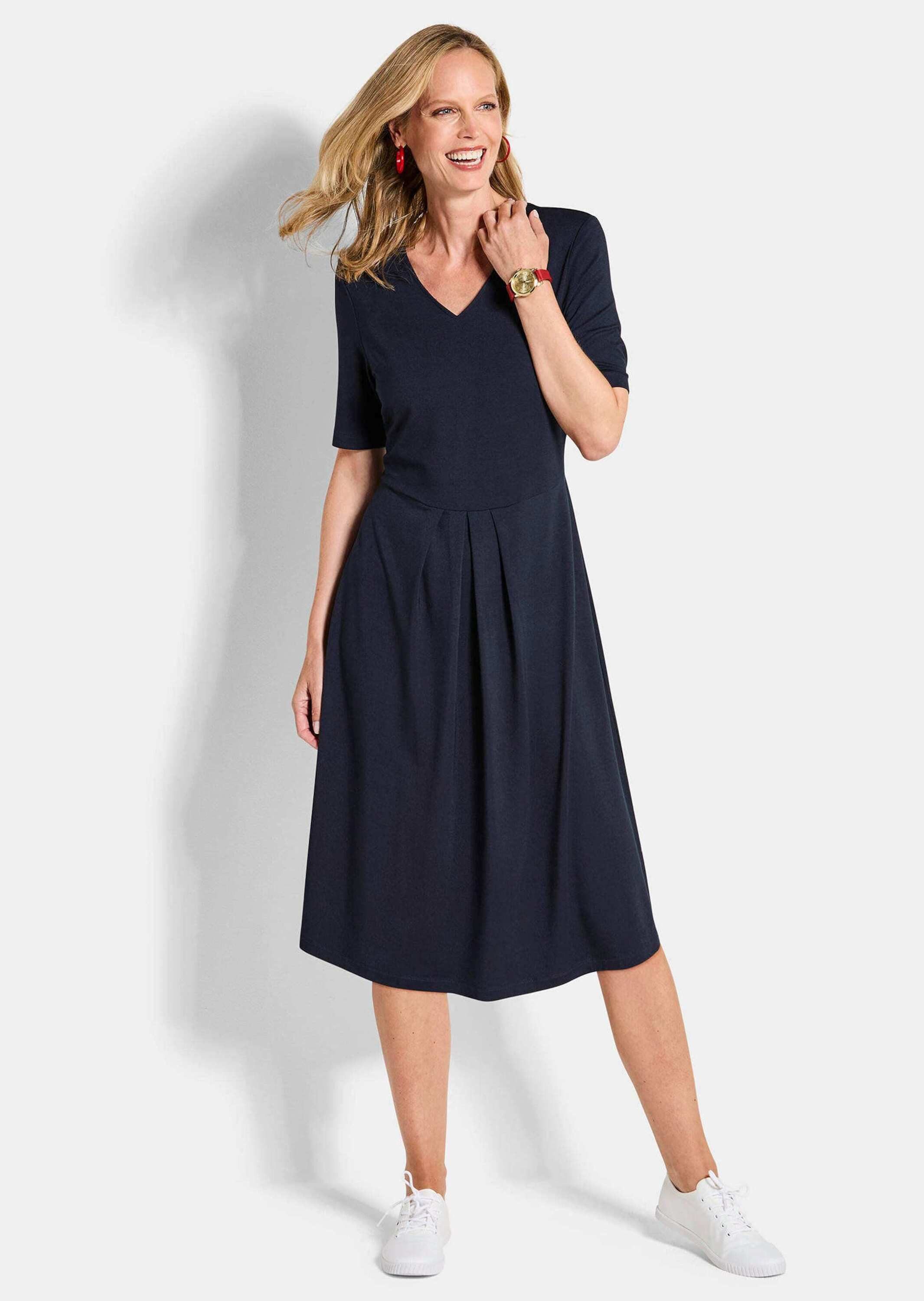 GOLDNER Jerseykleid Viskosekleid mit Kellerfalten Midikleid mit V-Ausschnit günstig online kaufen