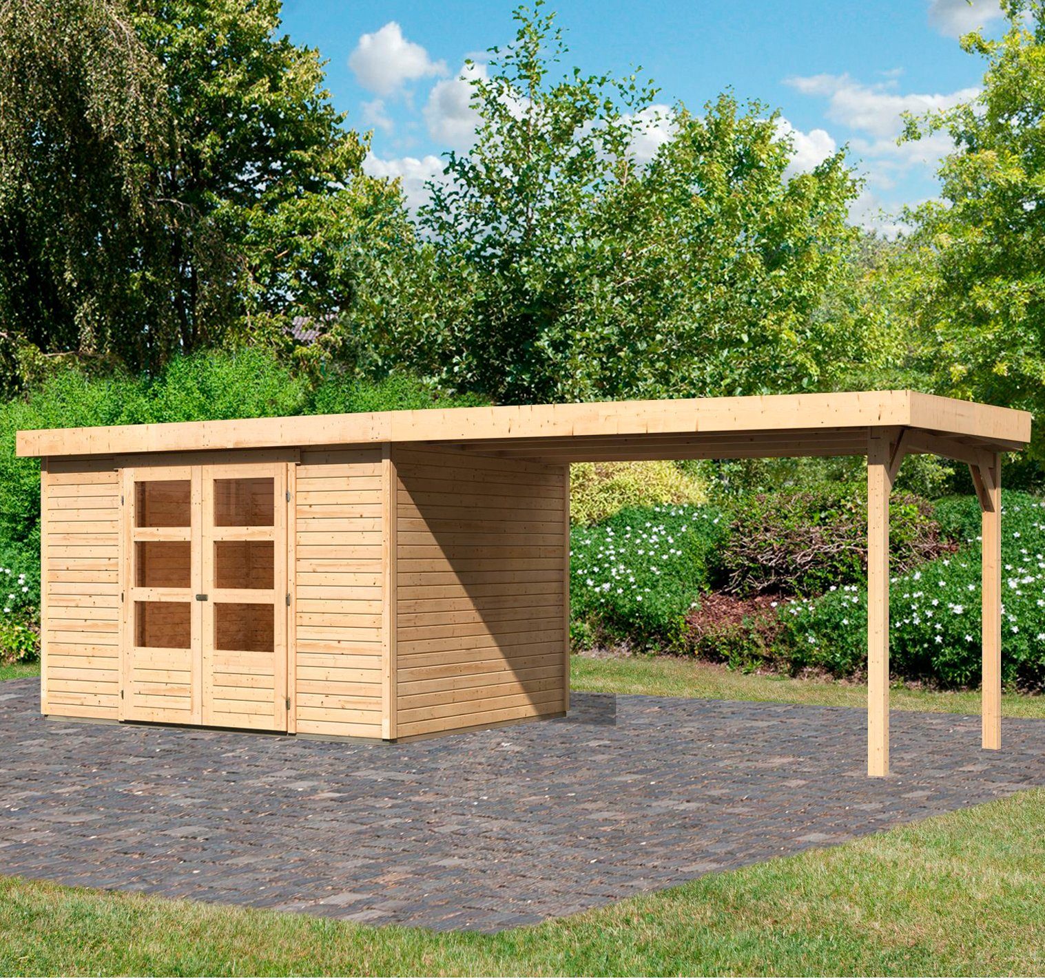 Karibu Gartenhaus "Arnis 5" SET anthrazit mit Anbaudach 2,80 m Breite, BxT: 302x246 cm, (Set), aus hochwertiger nordischer Fichte