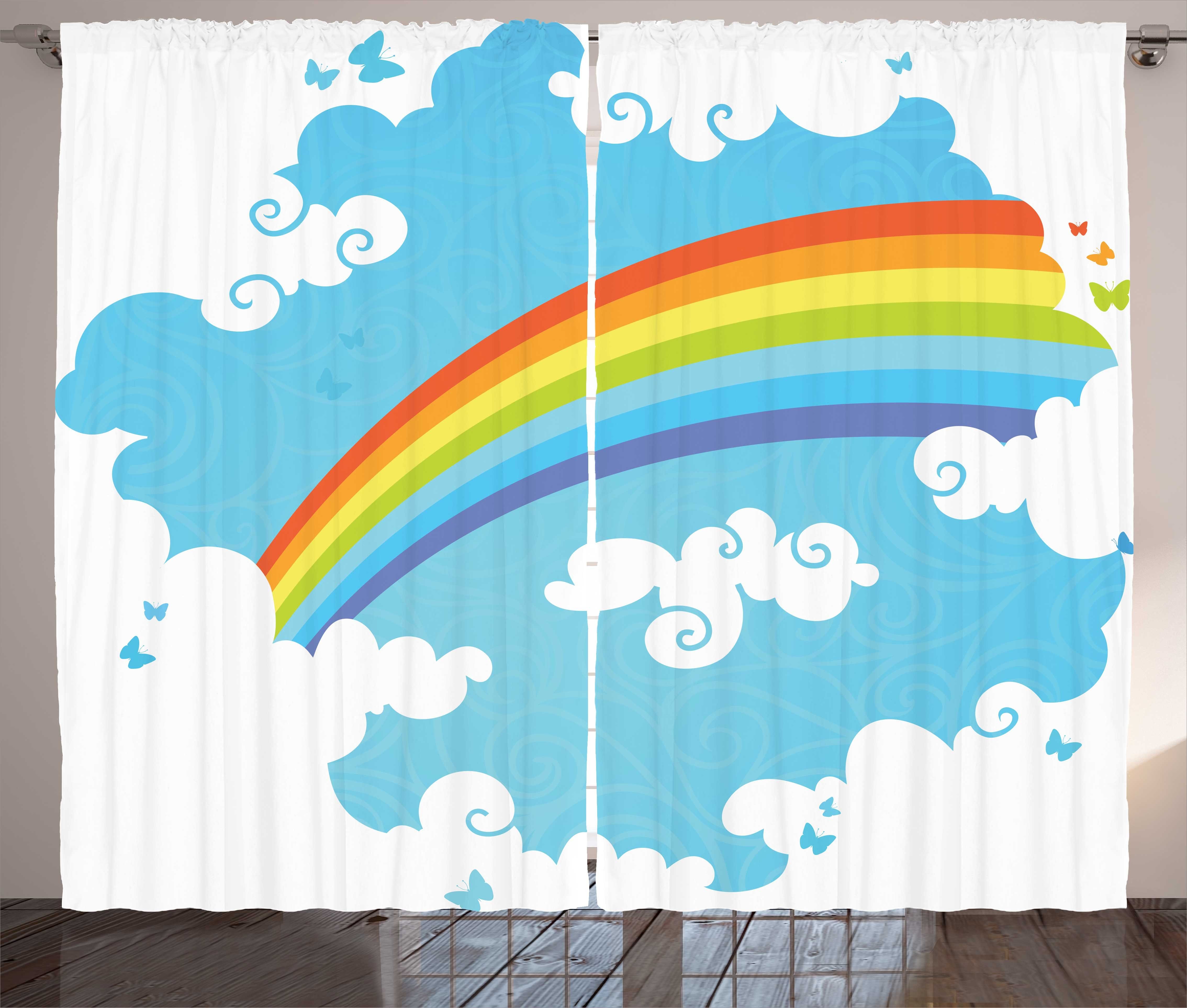 Gardine Schlafzimmer Kräuselband Vorhang mit Schlaufen und Haken, Abakuhaus, Regenbogen Wolken auf blauer Strudel Linien